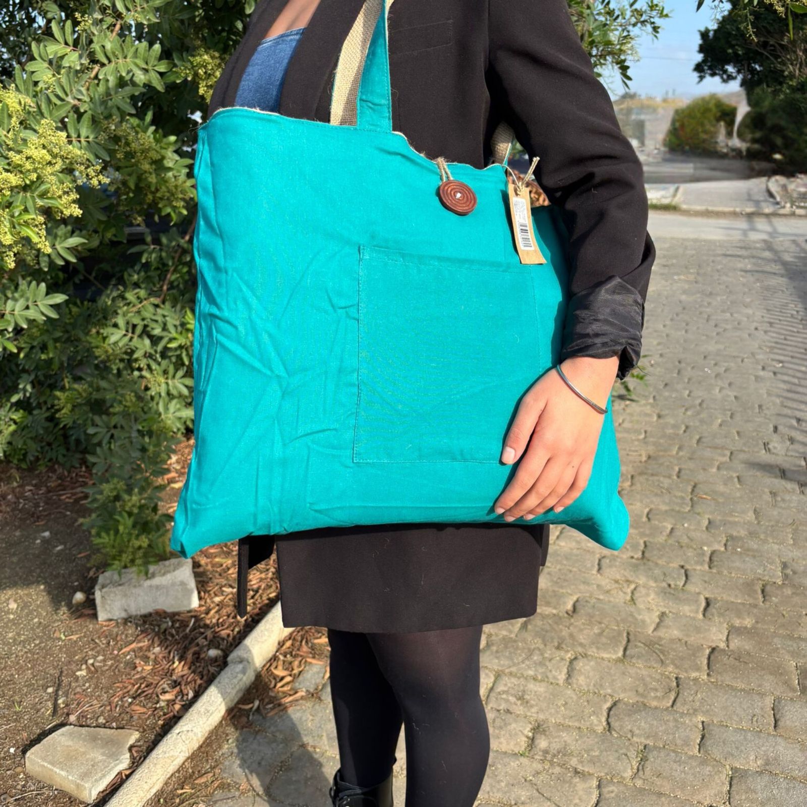 Bolsa Grande Reversible de Yute y Algodón - Verde Azulado (7717C) - Imagen 6