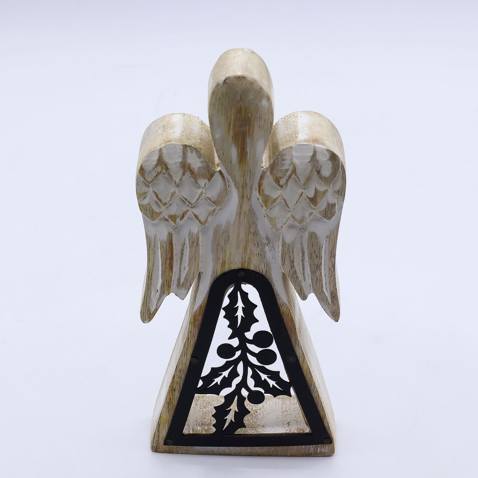 Ángel de madera de mango - acabado lavado blanco con recorte decorativo de hierro - Imagen 7