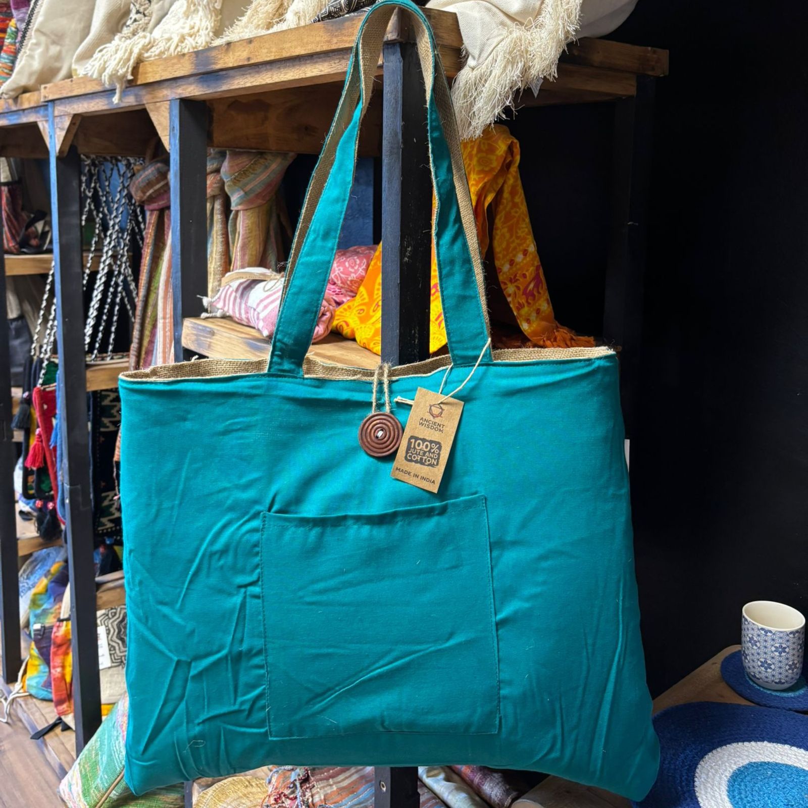 Bolsa Grande Reversible de Yute y Algodón - Verde Azulado (7717C) - Imagen 5