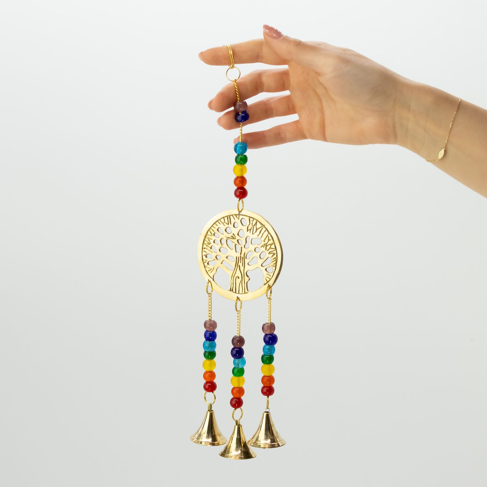 Campanas Indias - Árbol de la Vida de Latón con Cuentas de Chakra - 3 Campanas - 6.5x31cm - Imagen 2
