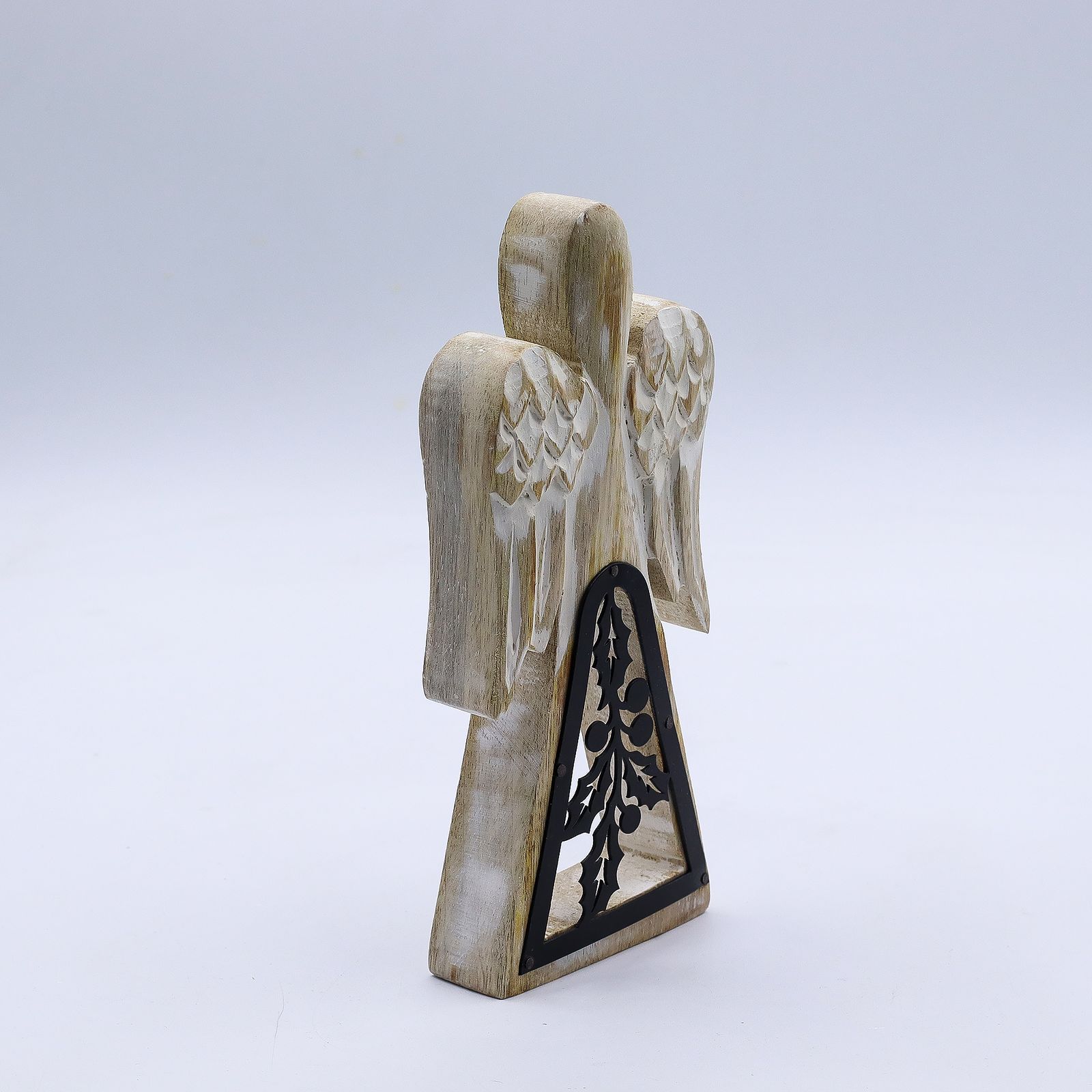 Ángel de madera de mango - acabado lavado blanco con recorte decorativo de hierro - Imagen 2
