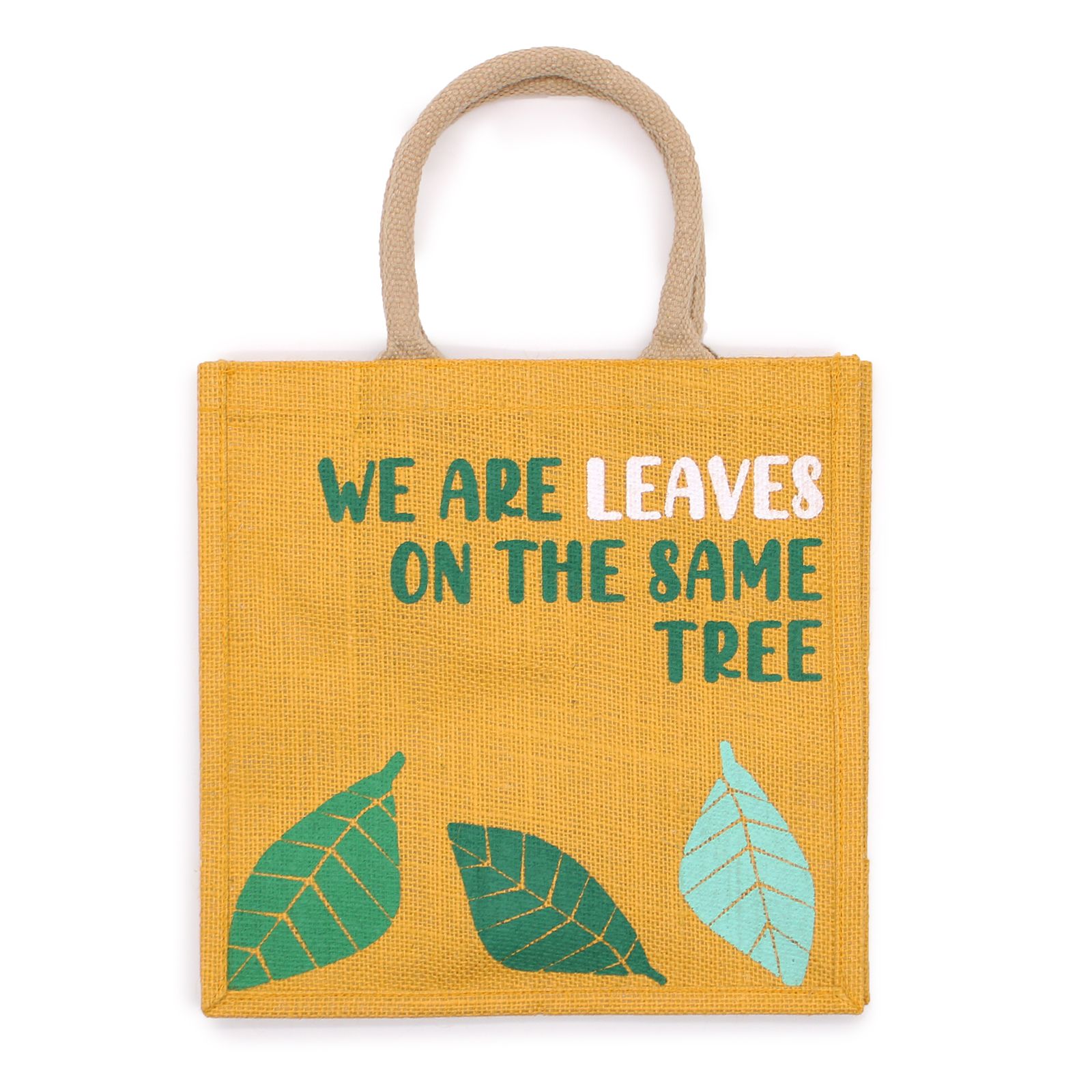 bolsa de yute estampada - Somos hojas - Amarillo, Azul y Natural - Imagen 3