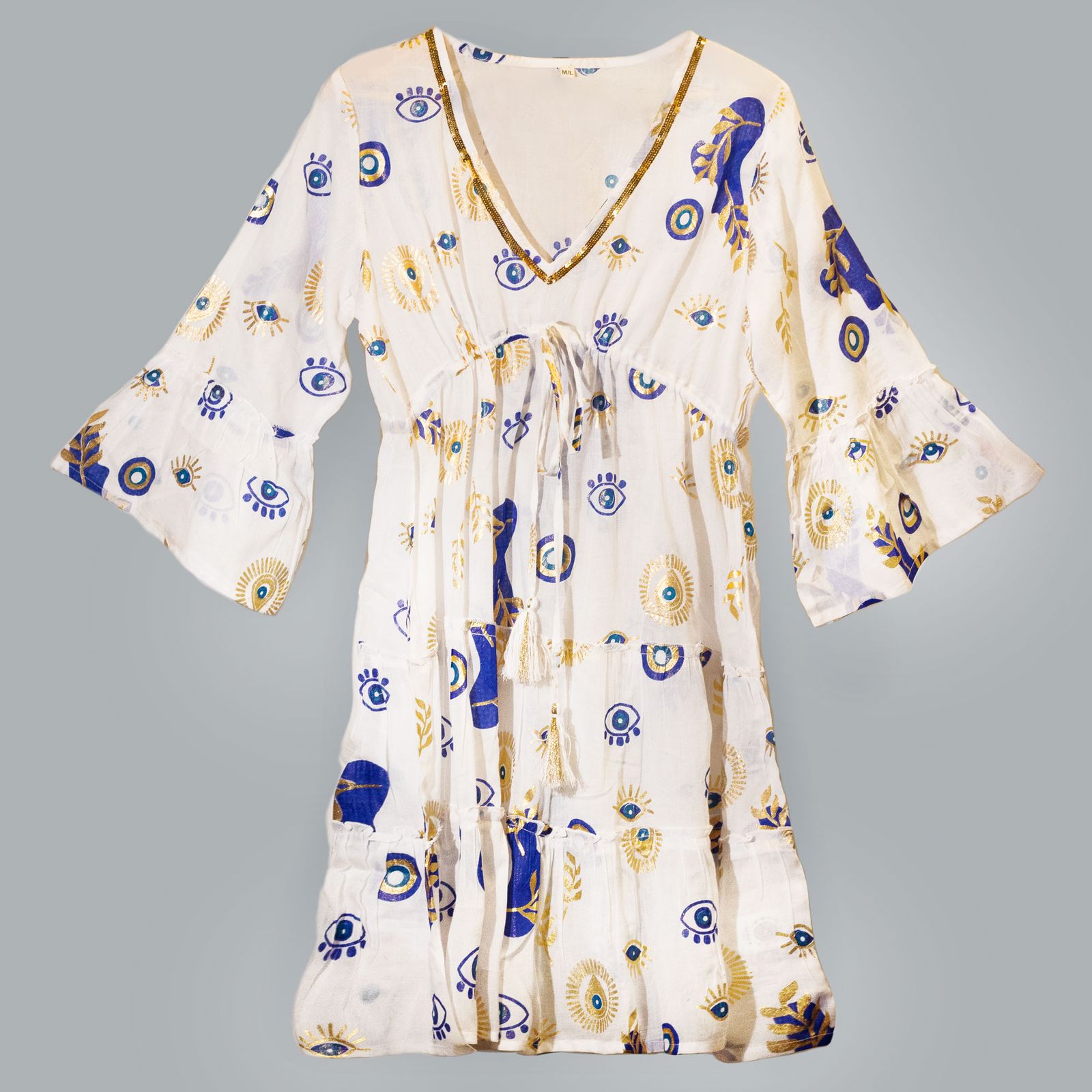 Vestido Nomad Sari Ojo Maligno – Blanco, Azul y Oro – Talla M/L - Imagen 4