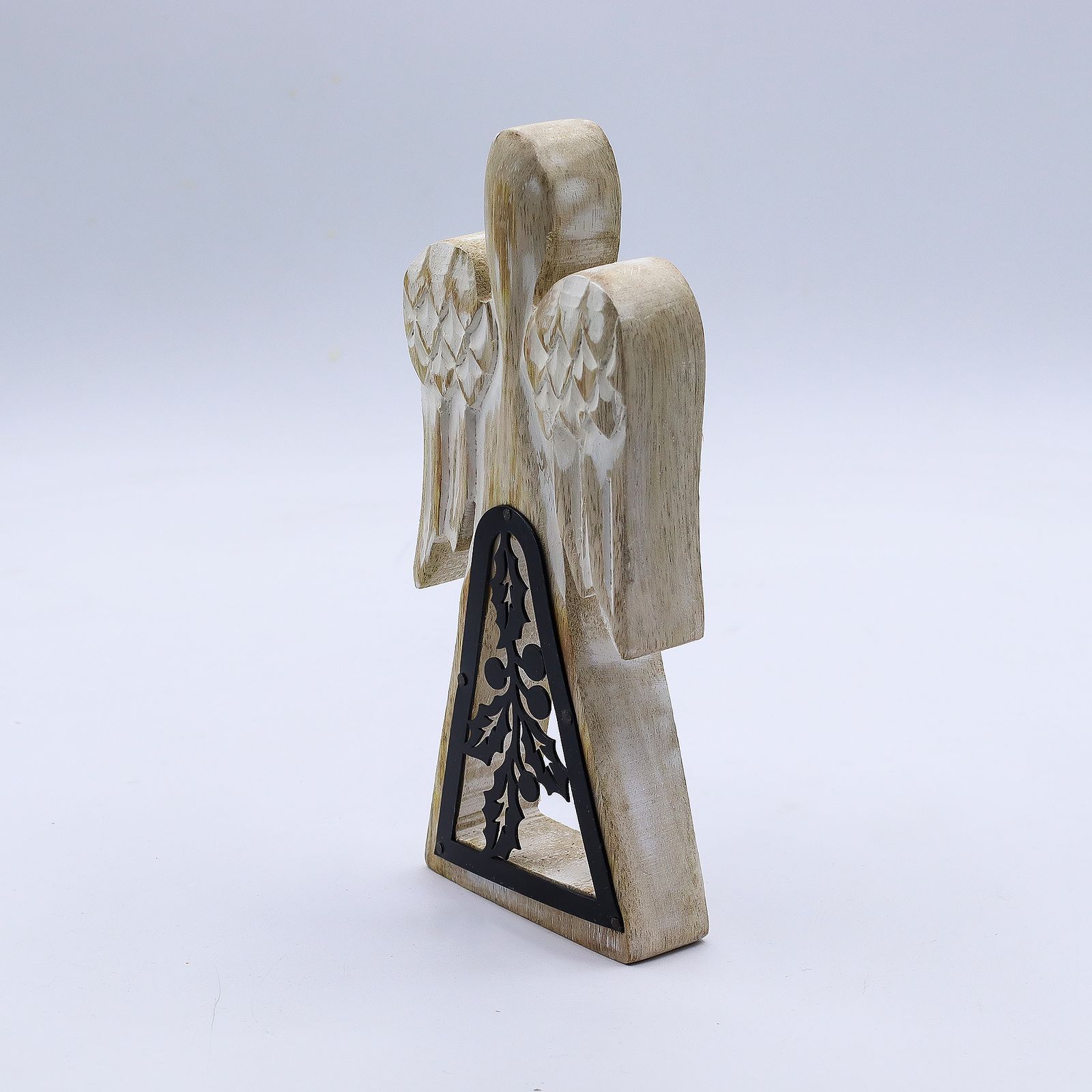 Ángel de madera de mango - acabado lavado blanco con recorte decorativo de hierro - Imagen 3