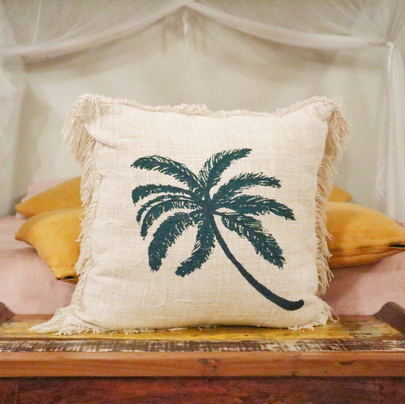 Funda de Cojín de Lino 60x60 Palmera con Flecos - Imagen 2