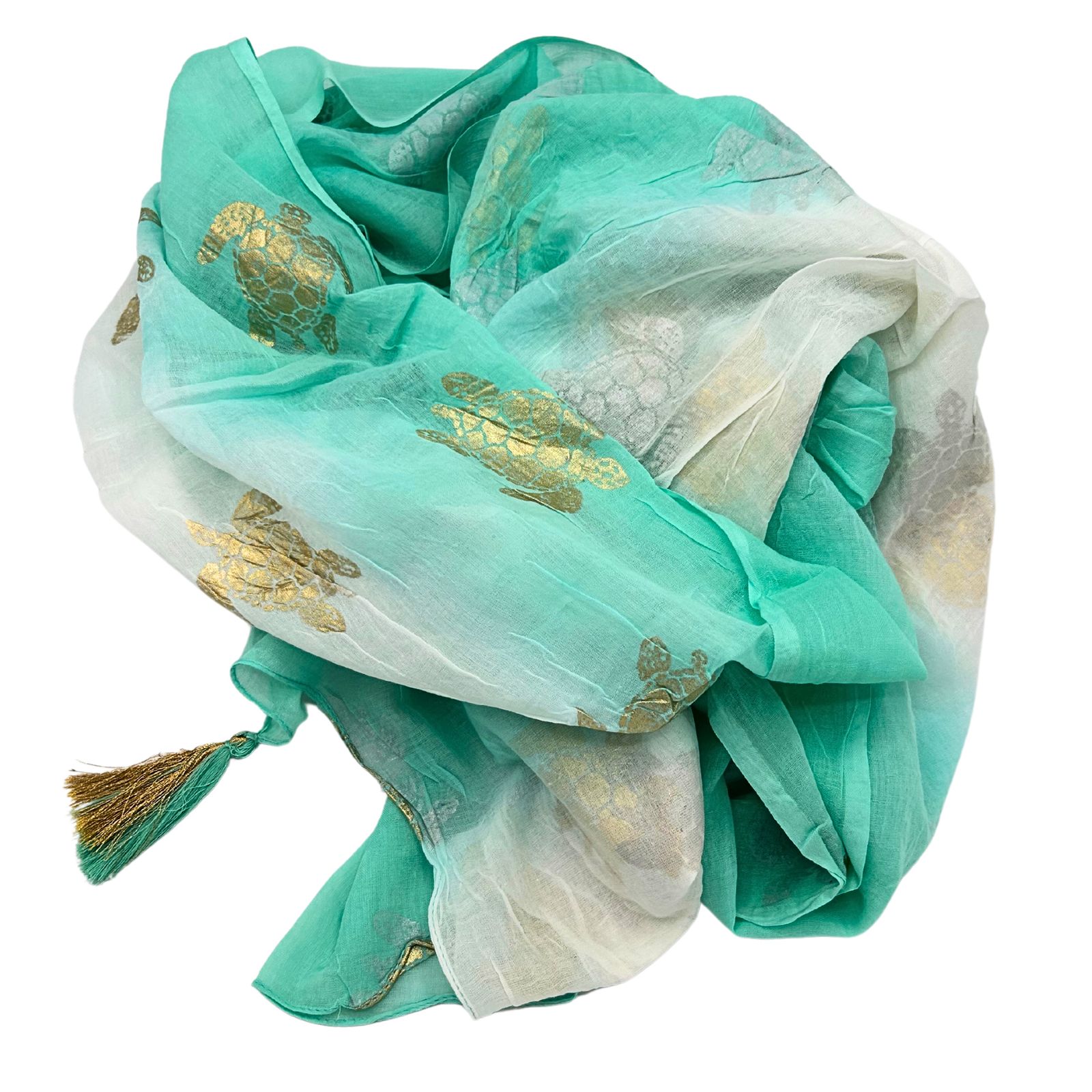 Colección Nómada Sari Mediterráneo - Pareo - Diseño de Tortuga en Blanco, Turquesa y Oro - Imagen 2