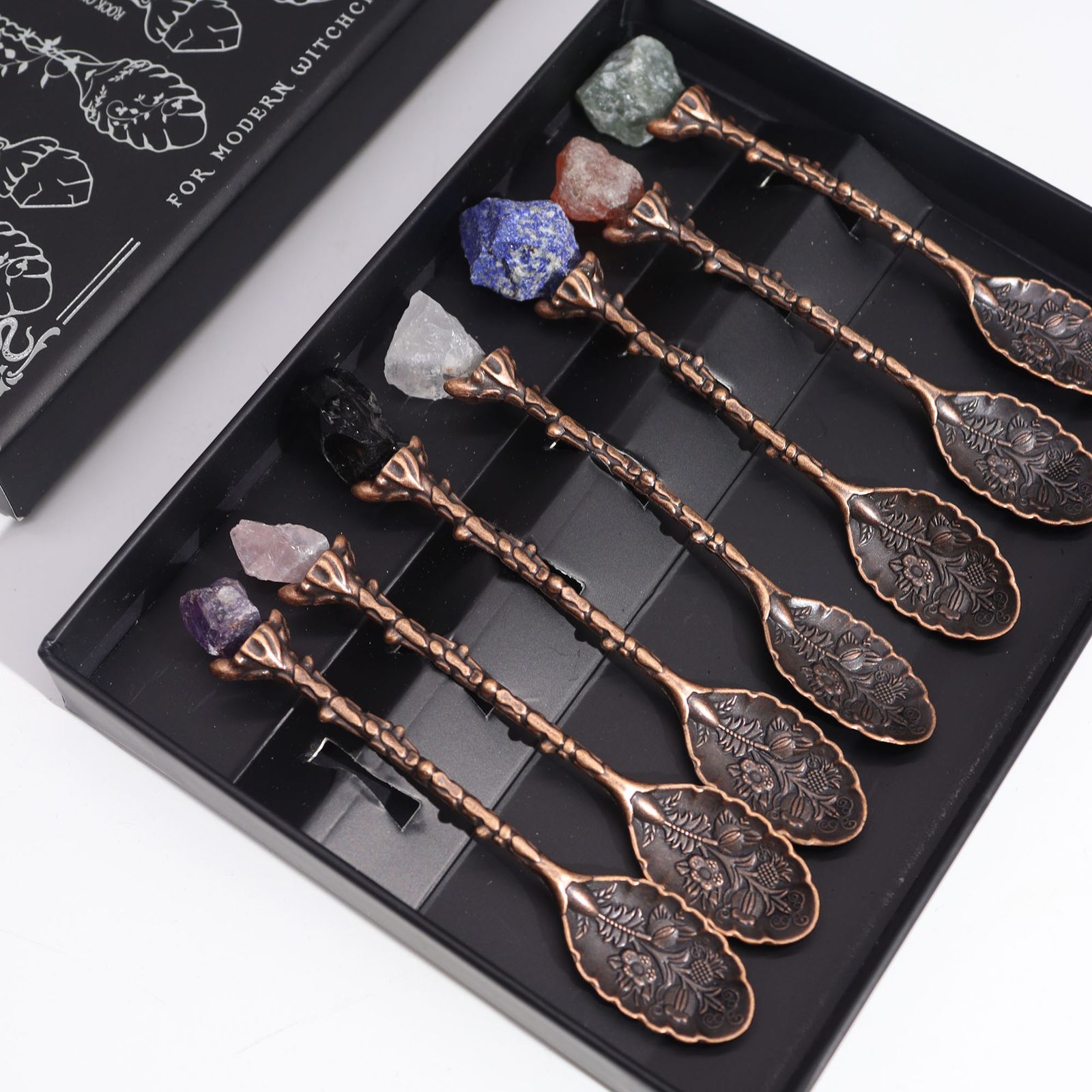 Set de 7 Cucharas de Bruja de Cristal con Piedra Preciosa de Bronce - Imagen 3