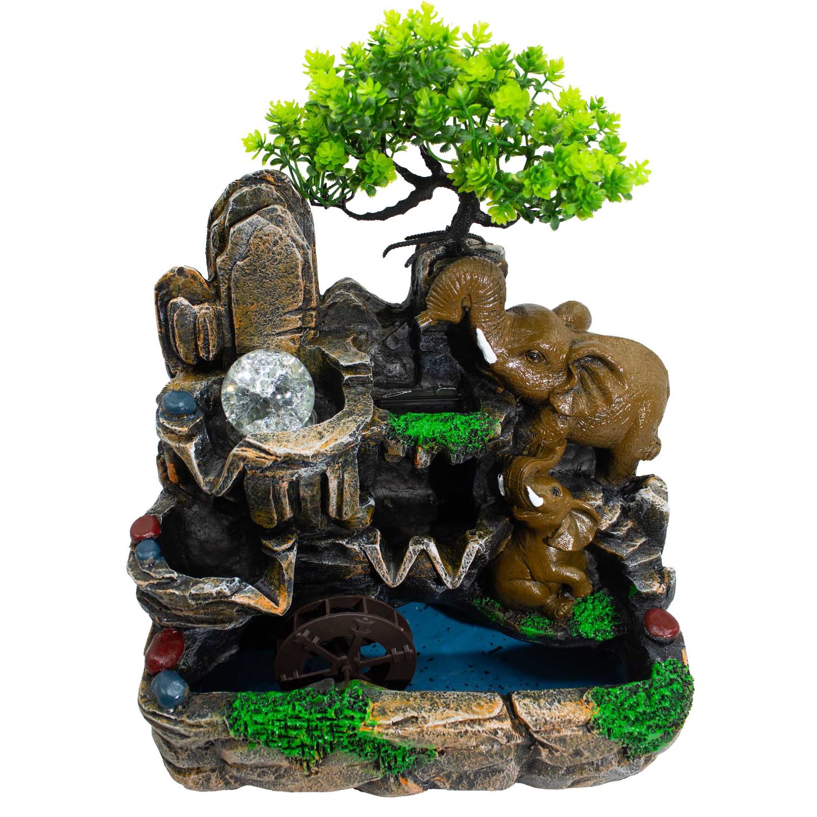 Fuente decorativa de mesa con elefantes enamorados, bola de cristal, luz y molino de agua (30x20x35cm) - Imagen 2