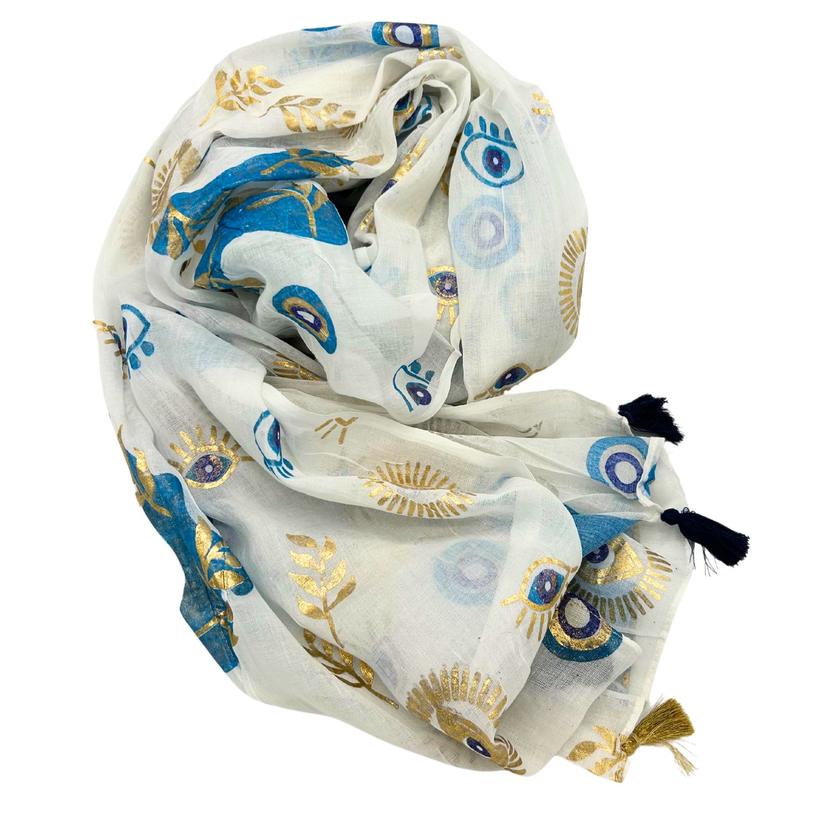 Colección Nómada Sari Mediterráneo - Pareo - Diseño del Ojo Maligno en Blanco, Azul y Oro - Imagen 3