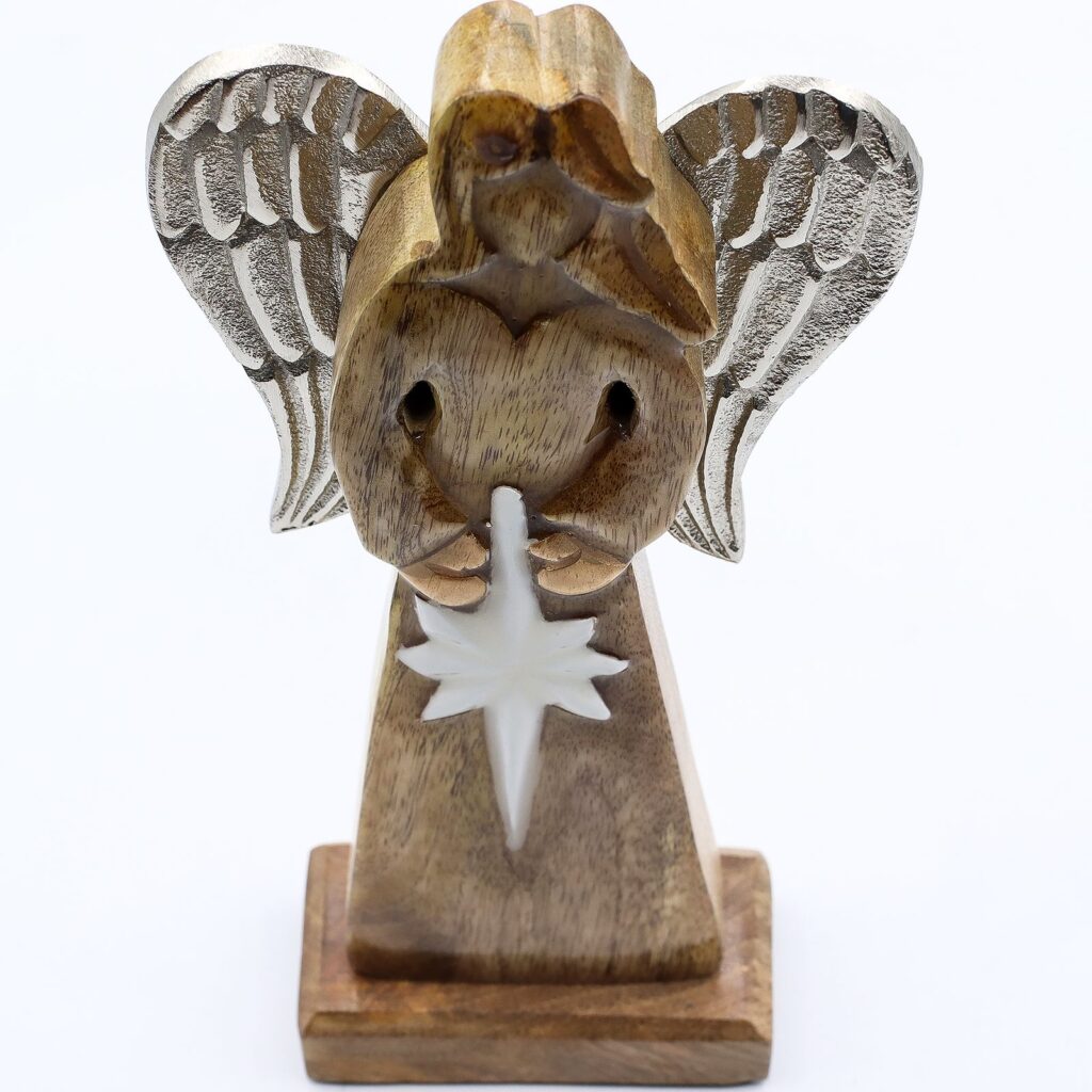Gran Ángel de la Paz de Madera de Mango, Alas de Metal y Detalle de Esmalte