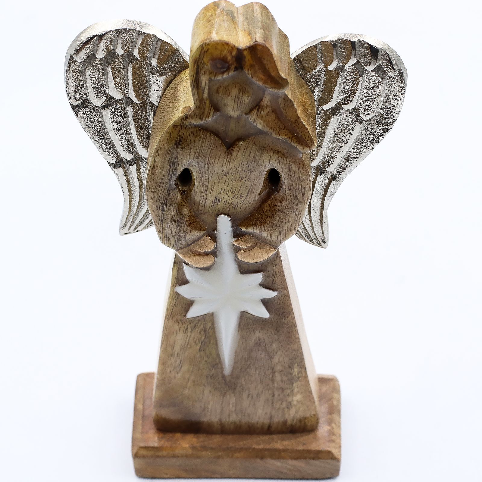 Gran Ángel de la Paz de Madera de Mango, Alas de Metal y Detalle de Esmalte