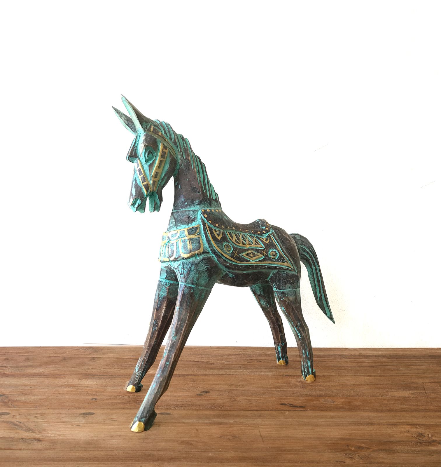 Caballo grande dorado y turquesa 32 cm - Imagen 2