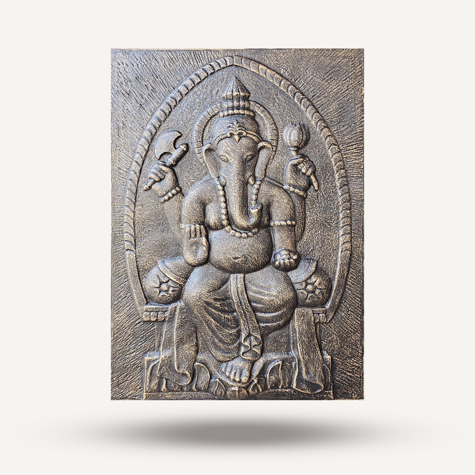 Gran Ganpati Marco de cemento fibrótico Antiguo Oro Relieve- 0.7x1m - Imagen 2