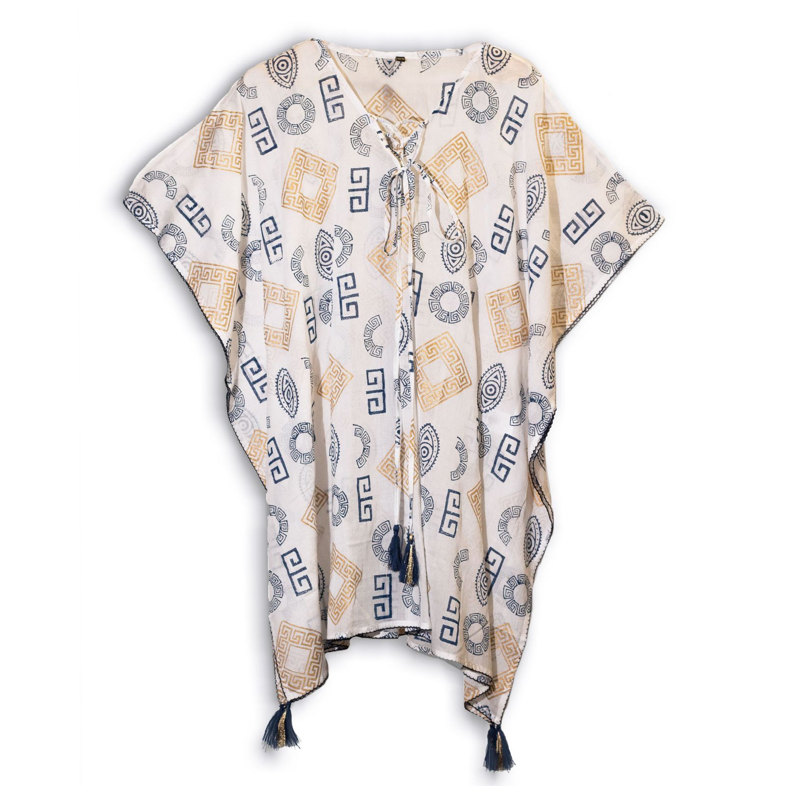 Colección Nómada Sari Mediterráneo - Kaftan - Motivo Griego en Oro y Azul - Pintado a Mano - Imagen 2