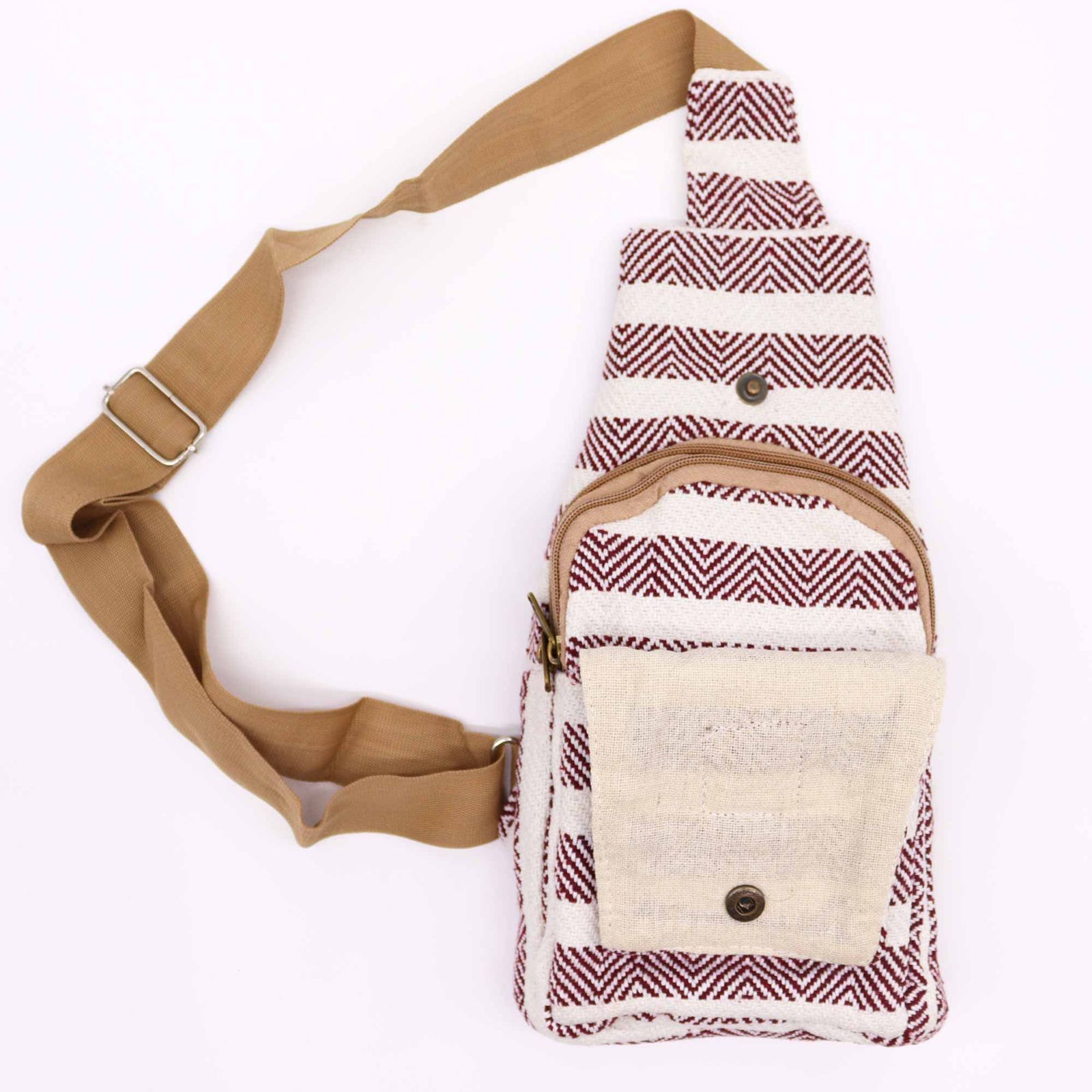 Bolso Bandolera de Algodon Natural - Burdeos y Blanco - Imagen 4