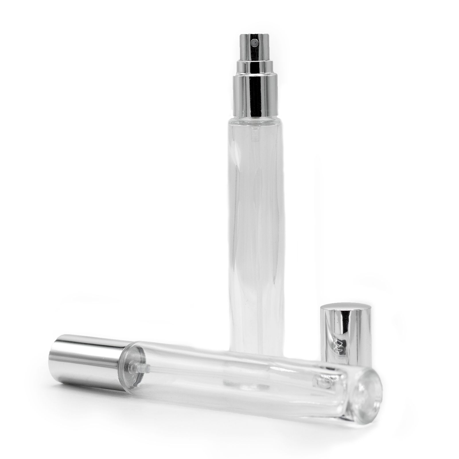 Botella redonda, alta y delgada de 10 ml, spray plateado y tapa - Imagen 2