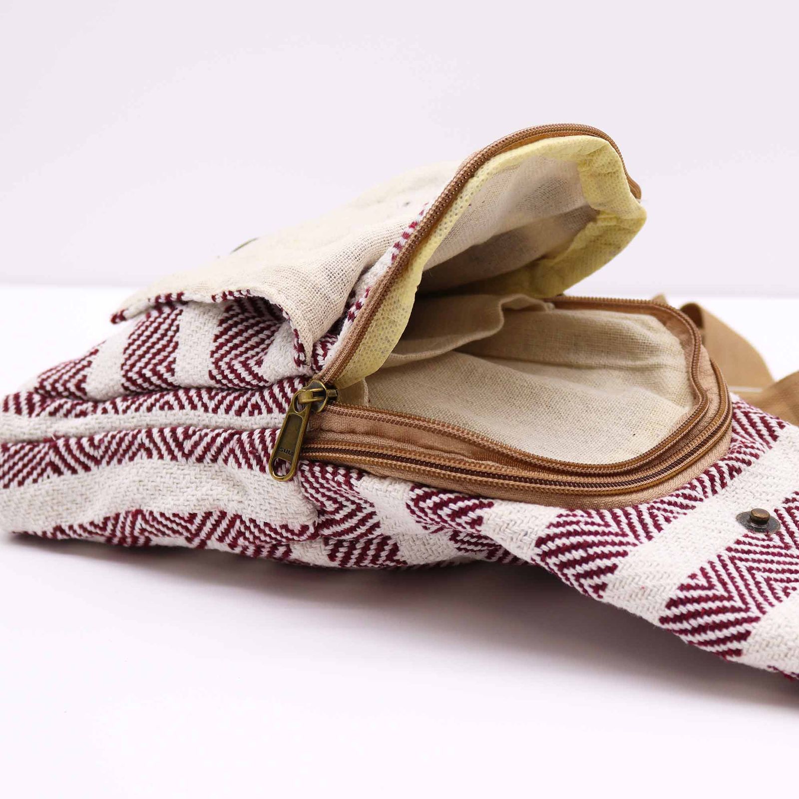Bolso Bandolera de Algodon Natural - Burdeos y Blanco - Imagen 3