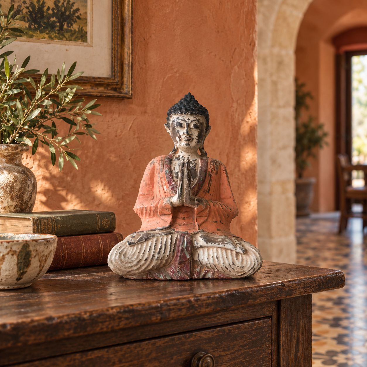 Estatua de Buda Vintage Naranja Tallada a Mano - 30cm - Bienvenido - Imagen 2