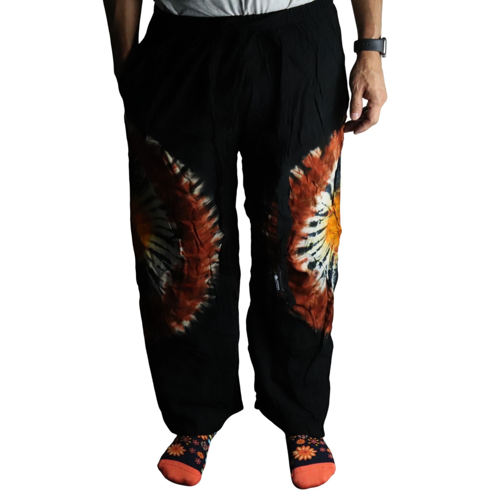 Pantalones de estilo japonés para estar en casa - negro chocolate y naranja - M - Imagen 2