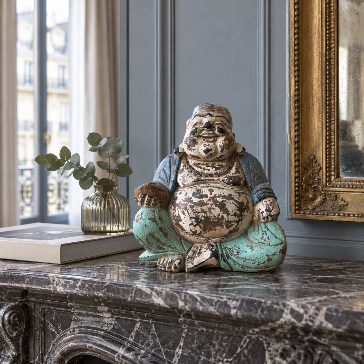 Estatua de Buda Vintage Azul Menta Tallada a Mano - 30cm - Buda Feliz - Imagen 2