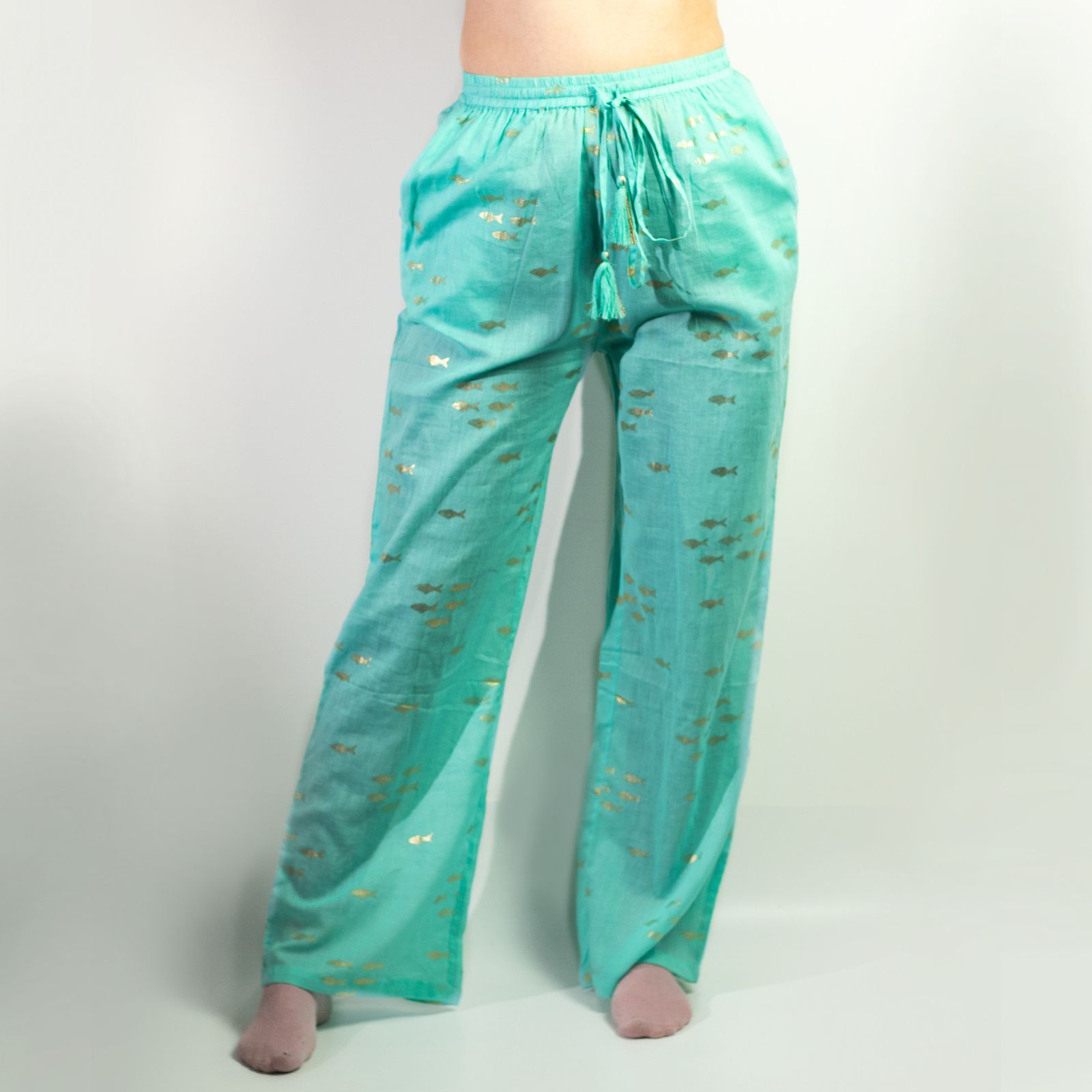 (ML) Colección Nómada Sari Mediterráneo - Pantalones - Diseño de Peces en Turquesa y Oro - Imagen 5