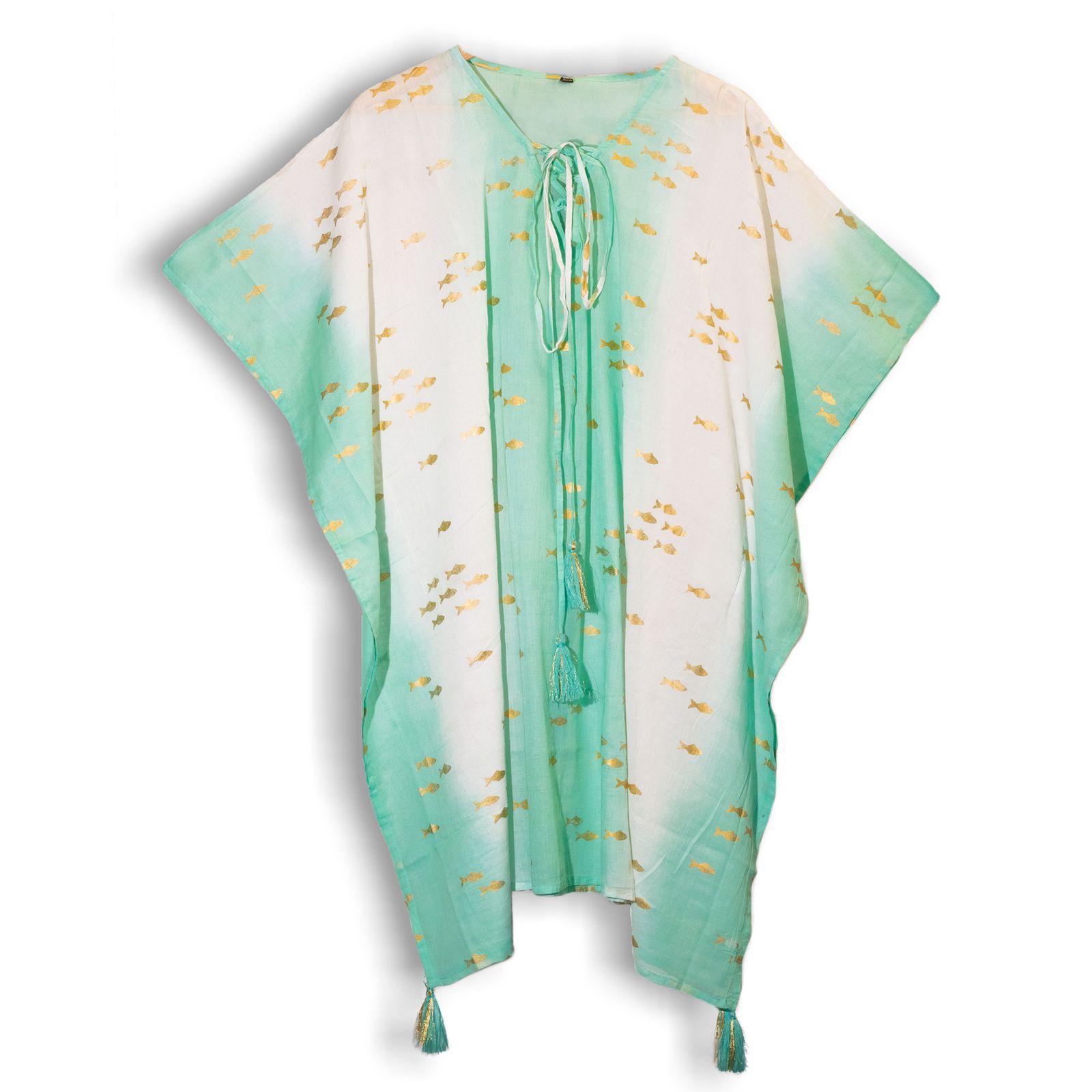 Colección Nómada Sari Mediterráneo - Kaftan - Diseño de Peces en Blanco, Turquesa y Oro - Imagen 2
