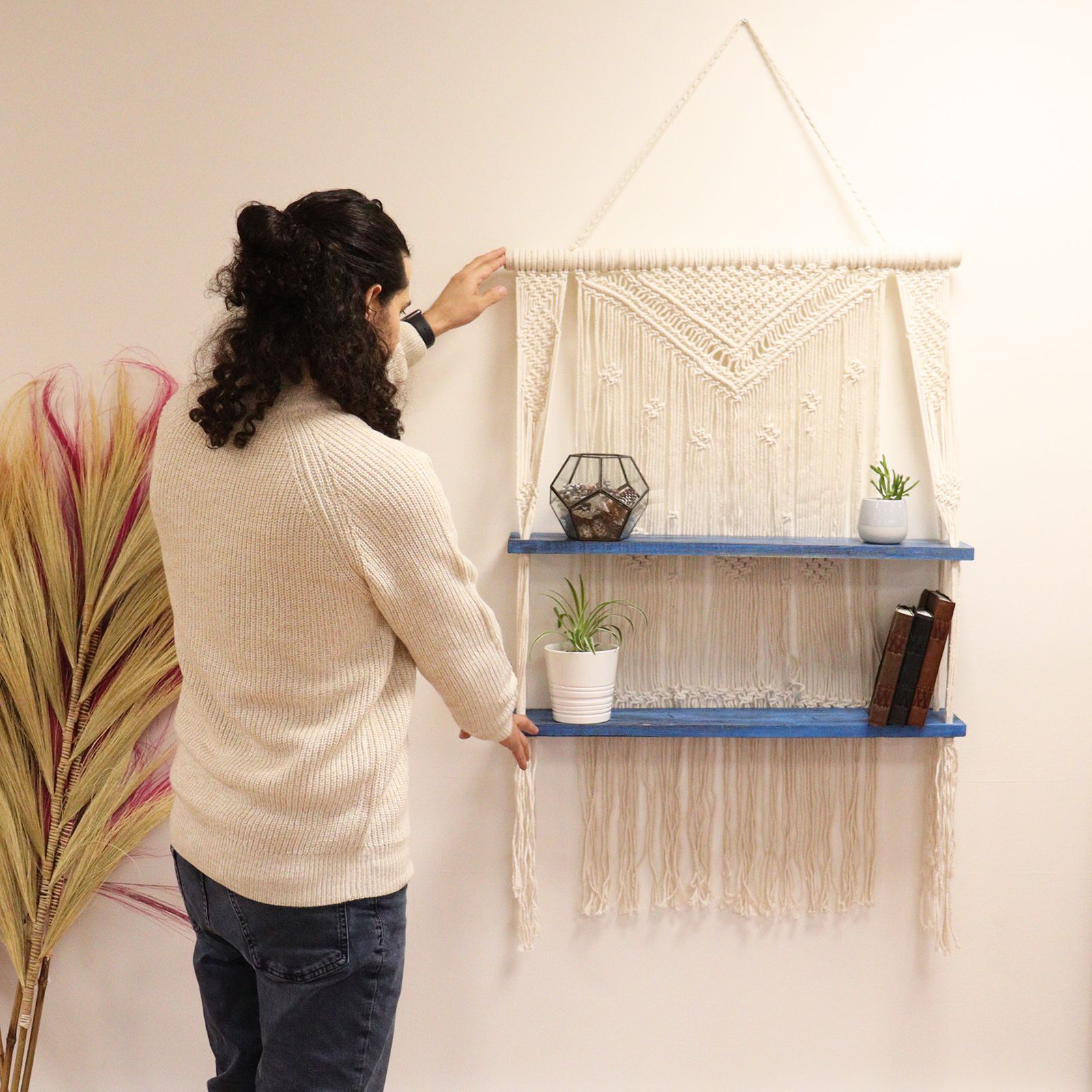 Estantes Colgantes de Macramé Natural - Azul - Imagen 3