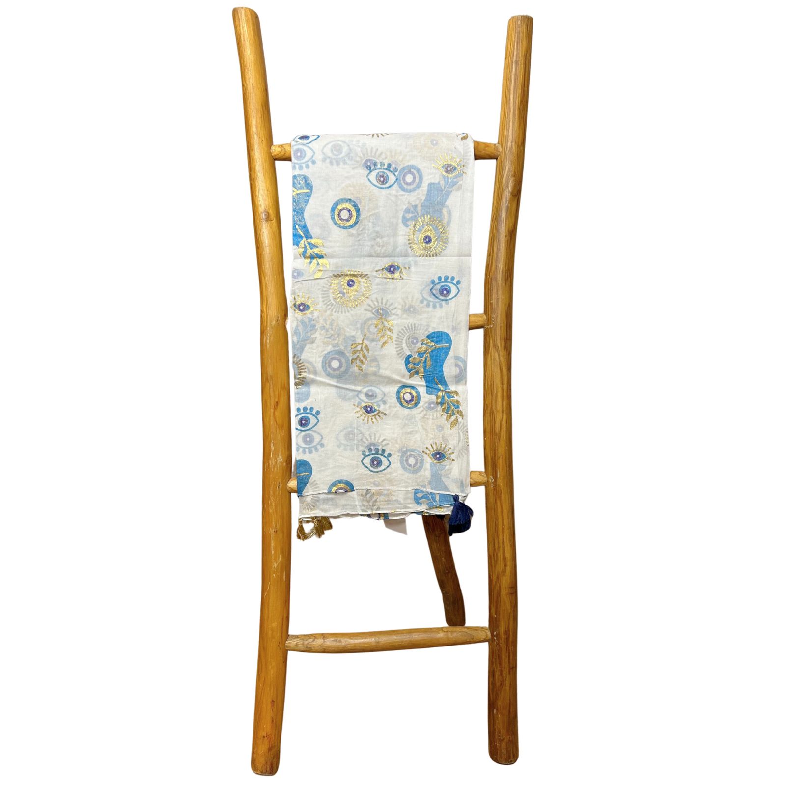 Colección Nómada Sari Mediterráneo - Pareo - Diseño del Ojo Maligno en Blanco, Azul y Oro - Imagen 6