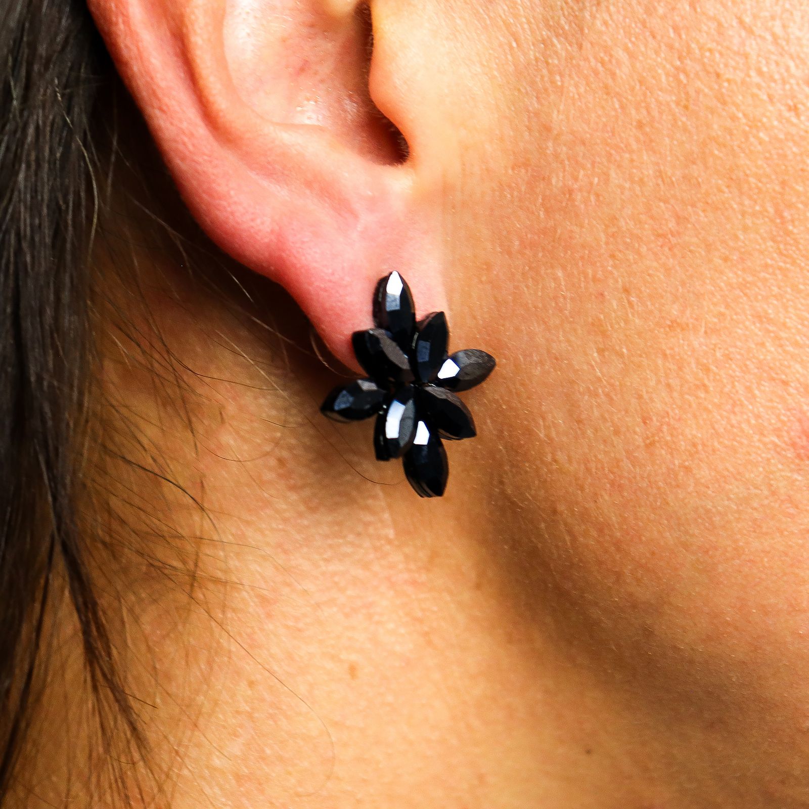 Pendientes de Cristal Vintage - Flores - Negro Azabache - Imagen 3