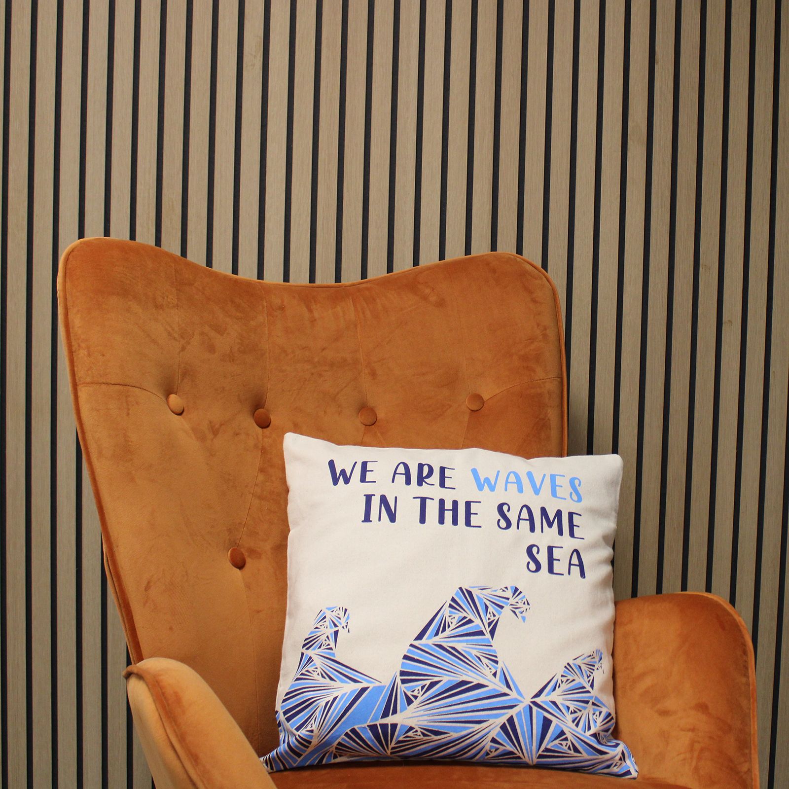 Funda de Cojín de Algodón Estampado - Somos Olas - Gris, Azul y Natural - Imagen 6