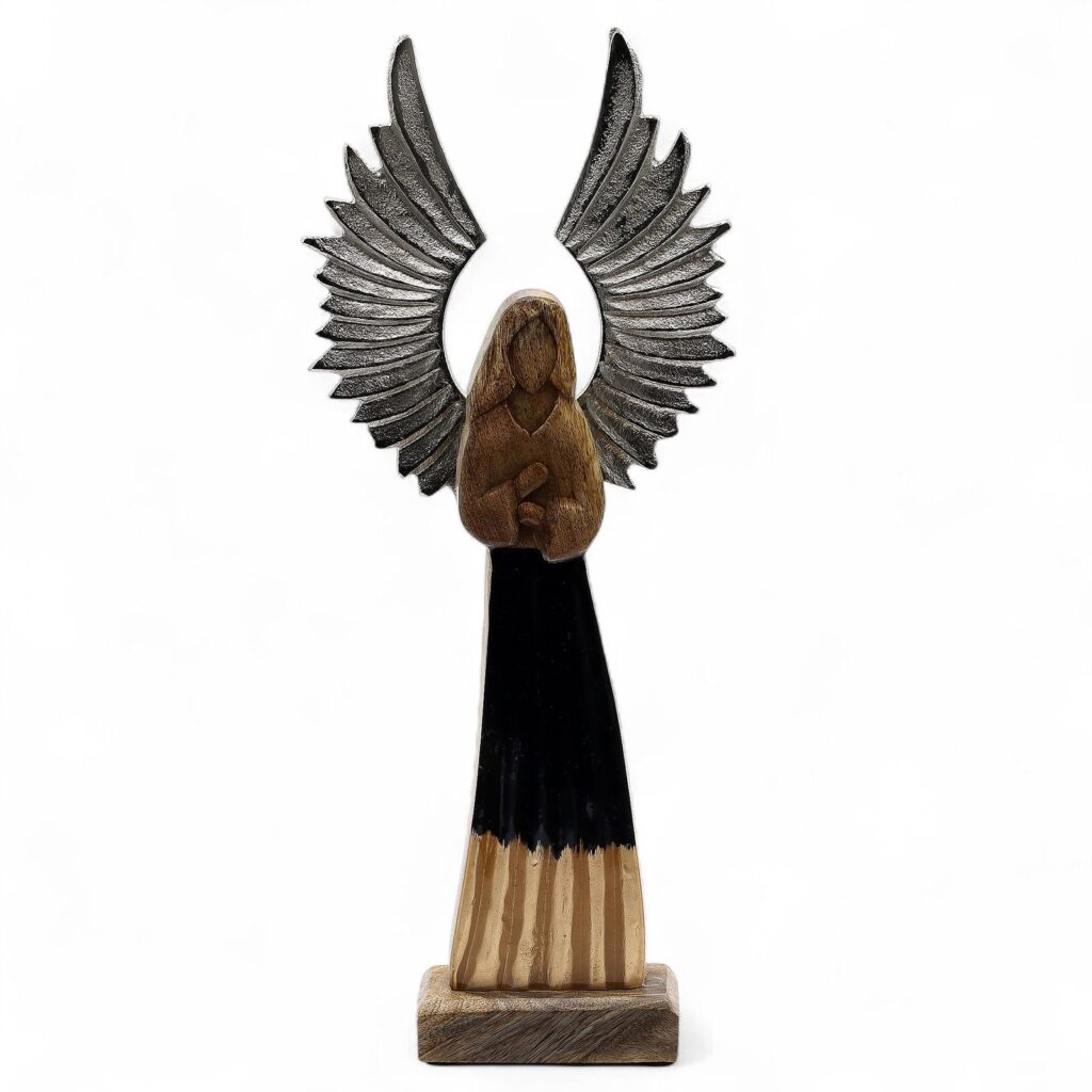Ángel guardián de madera de mango grande, alas de metal y detalle esmaltado