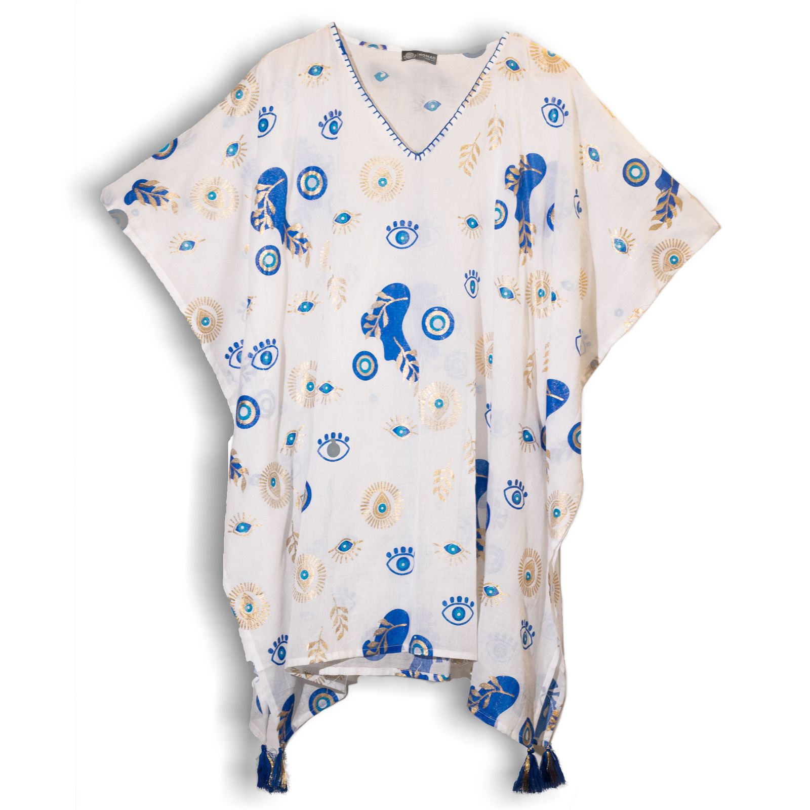 Colección Nómada Sari Mediterráneo - Kaftan - Diseño del Ojo Maligno en Blanco, Azul y Oro - Imagen 2