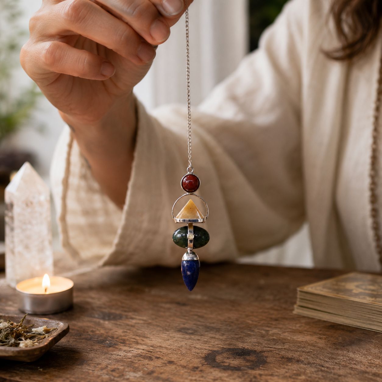 Four Elements Gemstone Pendulum - Red Jasper, Yellow Adventurine, Moss Agate, Sodalite & Moonstone - Imagen 3