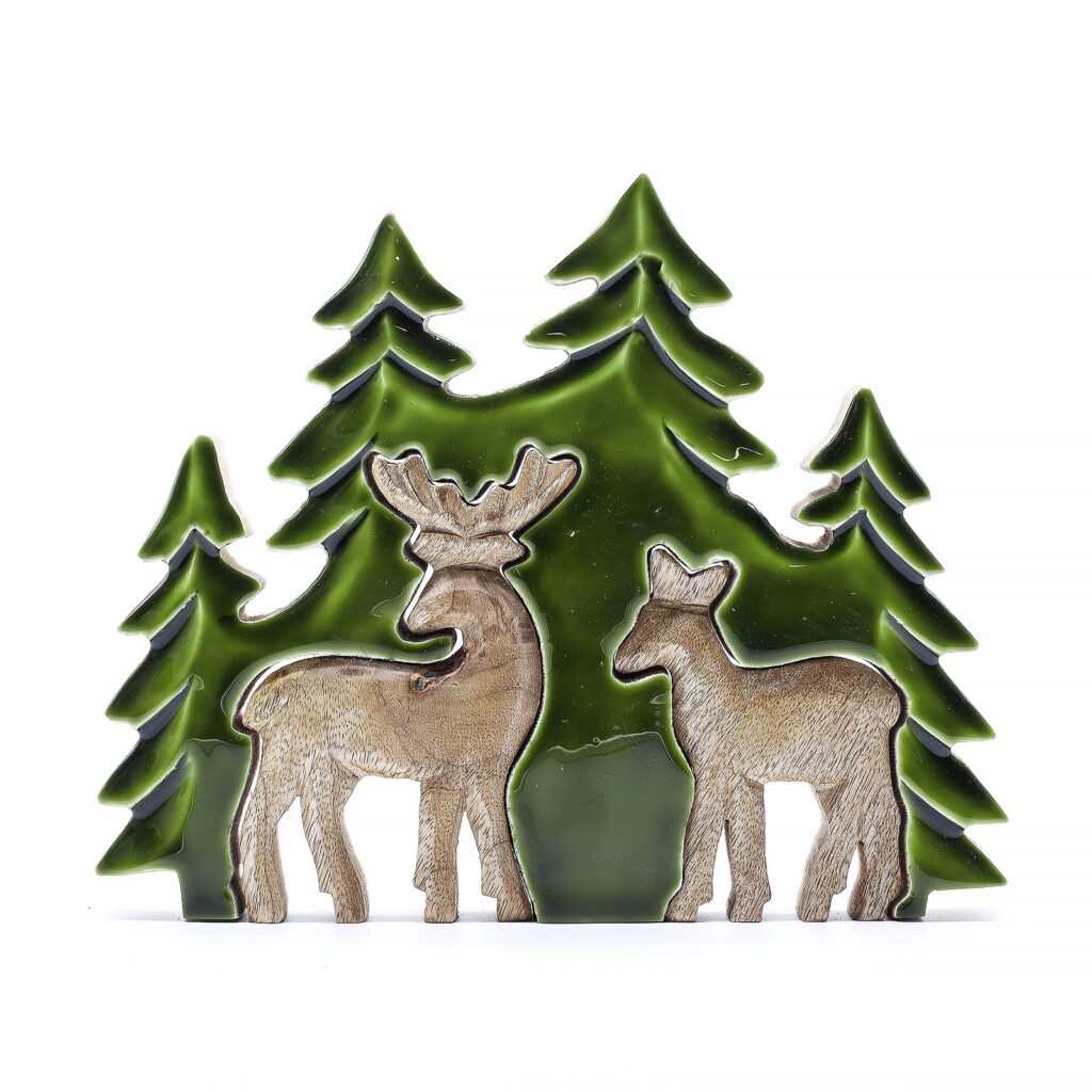 Perdido en el bosque - Dos ciervos en el bosque Decoración de madera 3D - 18x23cm