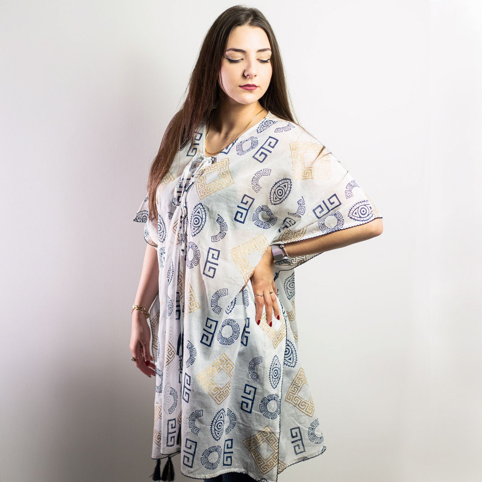 Colección Nómada Sari Mediterráneo - Kaftan - Motivo Griego en Oro y Azul - Pintado a Mano - Imagen 7