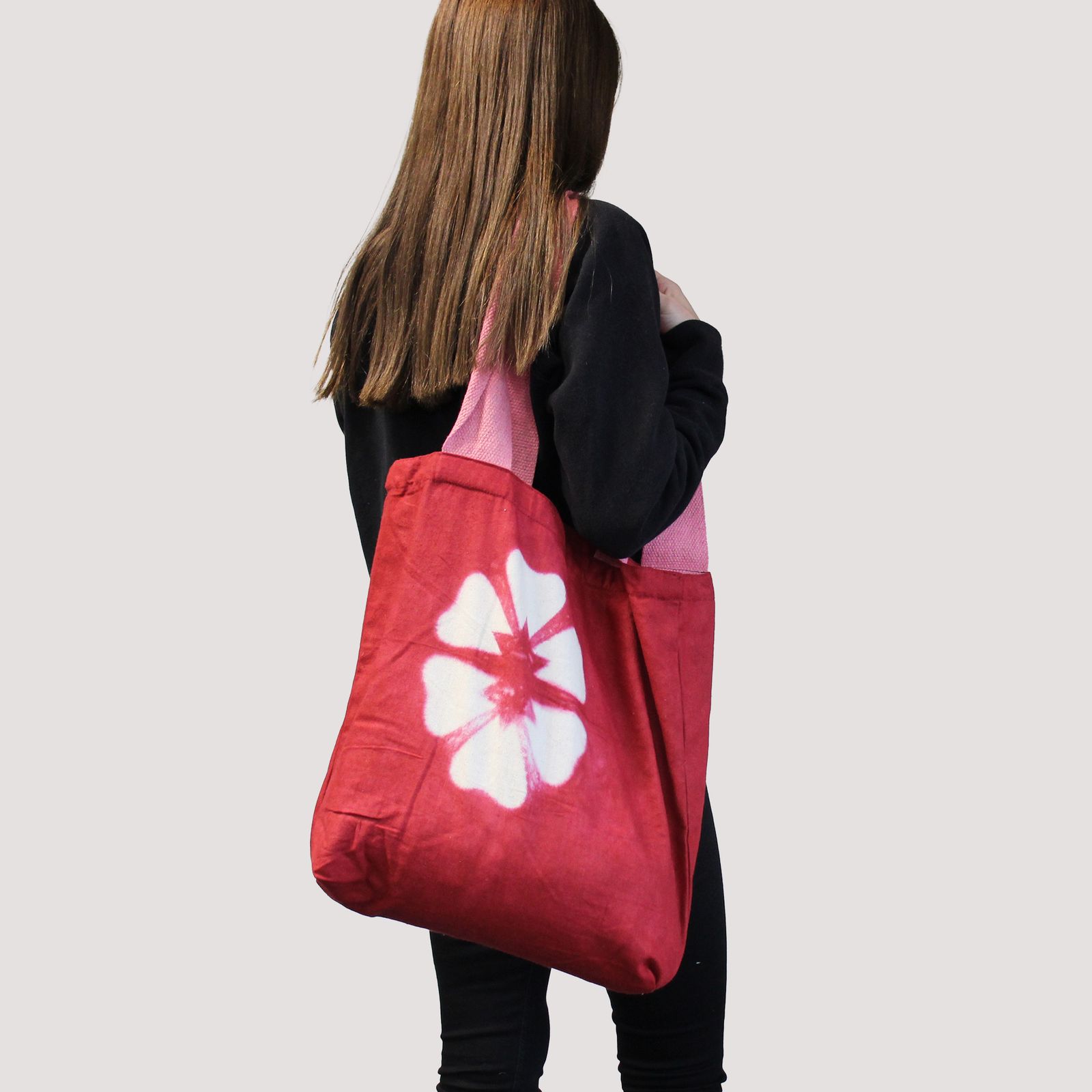 Bolsa de Algodon Natural con Diseño "Tie Dye" (220g)- 38x42x12cm - Rectángulos Celestes - Asa Natural - Imagen 4
