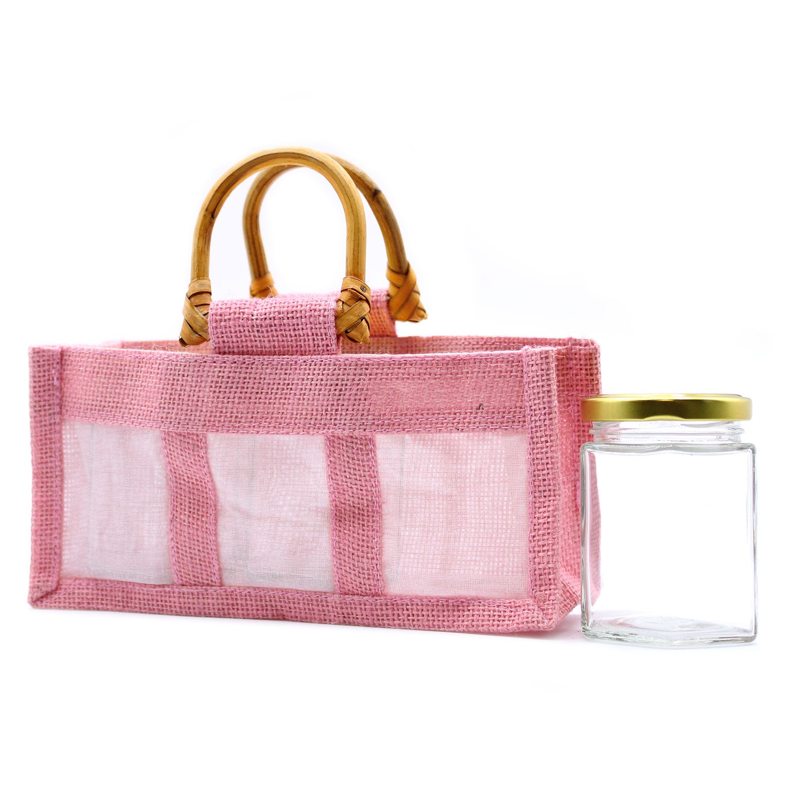 Bolsa de regalo de yute puro y algodón con ventana - 3 Ventanas en Rosa - Imagen 3
