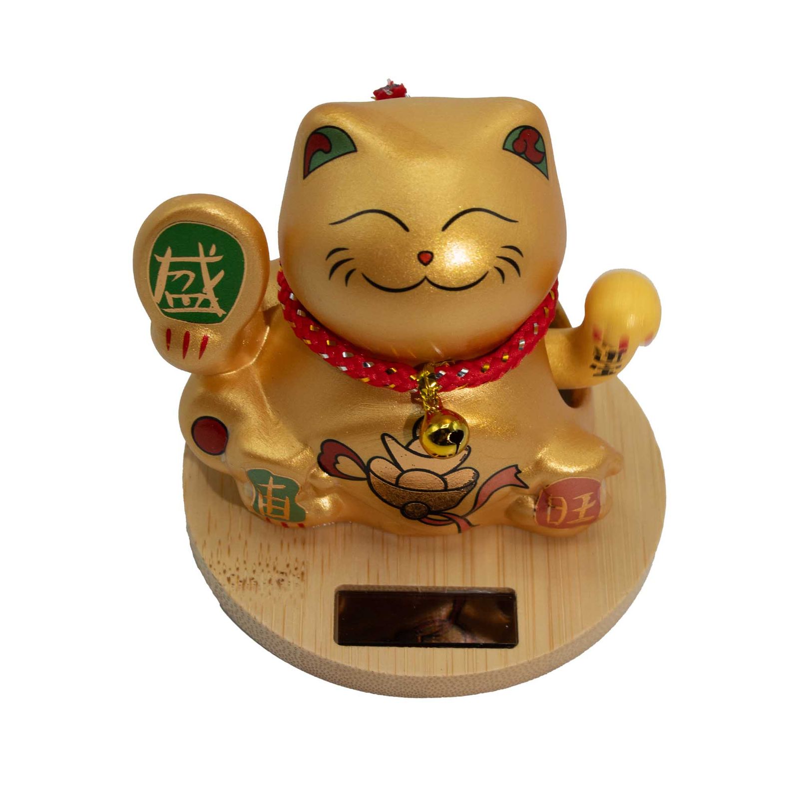 Gato de dinero solar con base de madera - Mano dorada móvil - Imagen 2