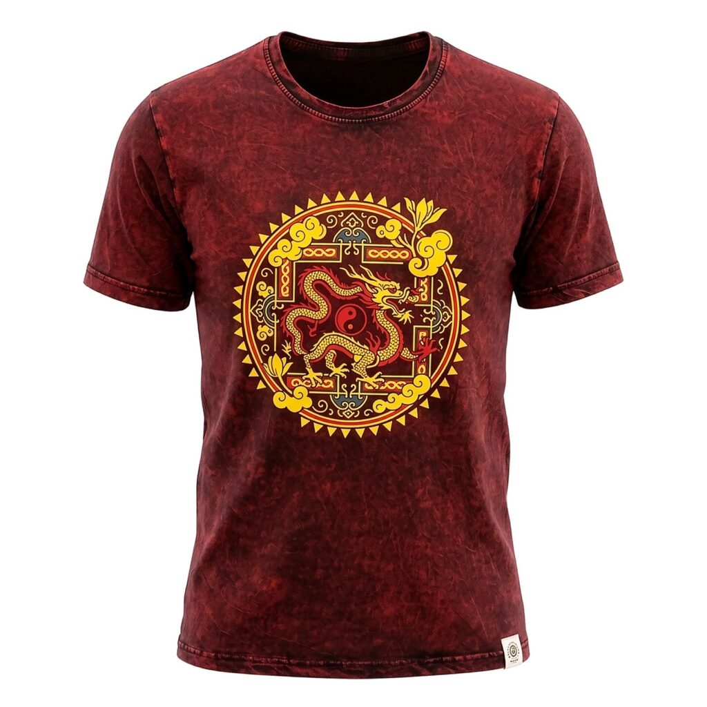Nomad Sari Camiseta de algodón lavado a la piedra - Mandala de dragón - granate - Grande