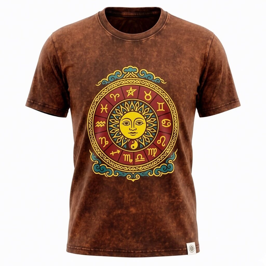 Nomad Sari Camiseta de algodón lavado a piedra - Sol y Zodíaco - Marrón - XL