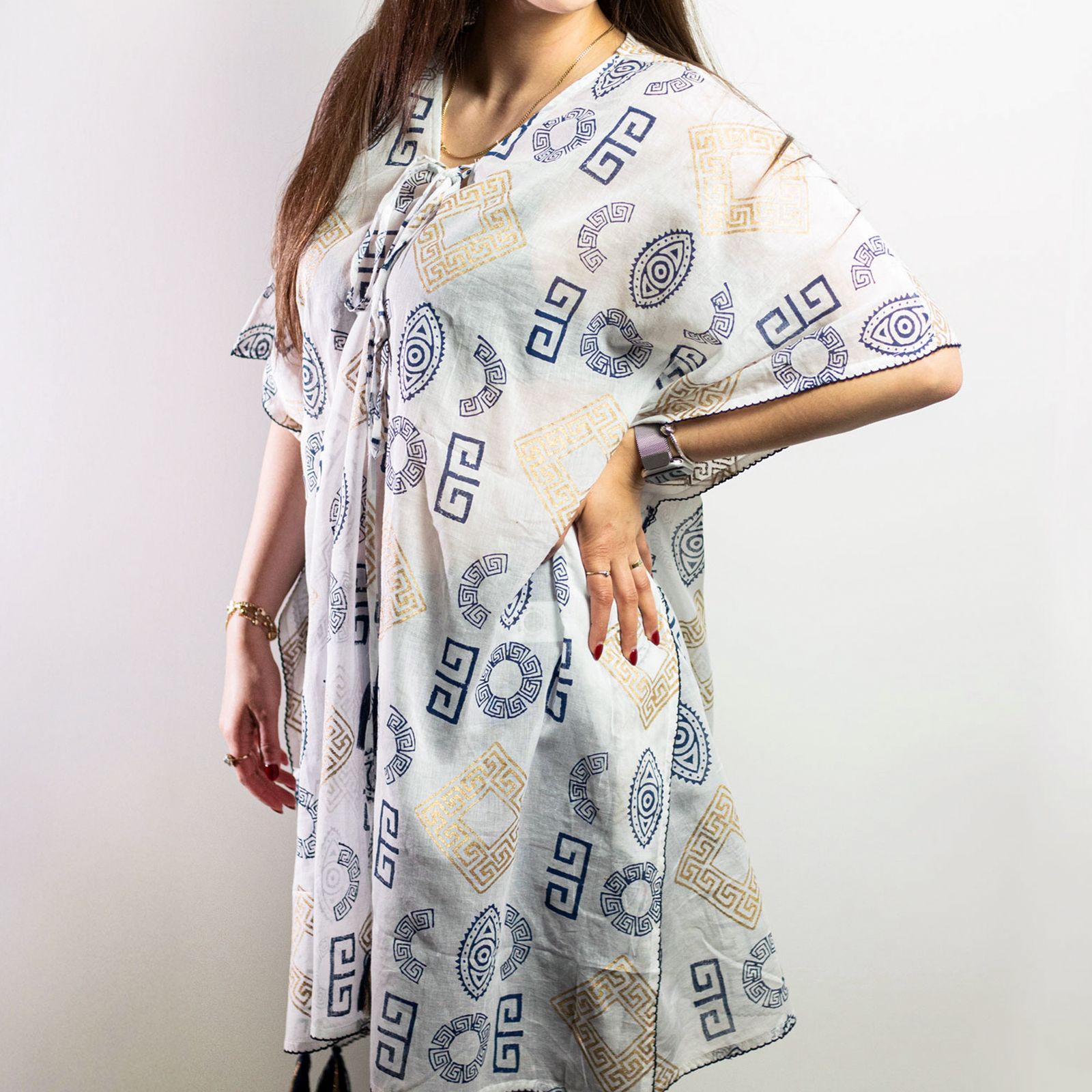 Colección Nómada Sari Mediterráneo - Kaftan - Motivo Griego en Oro y Azul - Pintado a Mano - Imagen 9