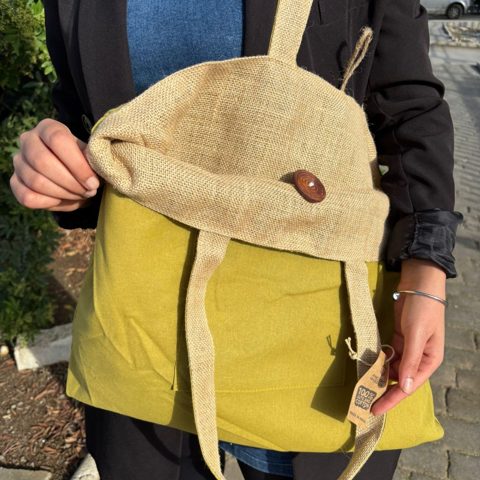 Bolsa Grande Reversible de Yute y Algodón - Pistacho - Imagen 5
