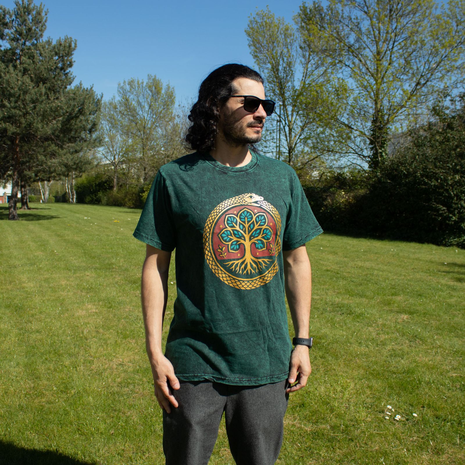 Nomad Sari Camiseta de algodón lavado a piedra - Árbol de la Vida - Verde - Mediano - Imagen 5
