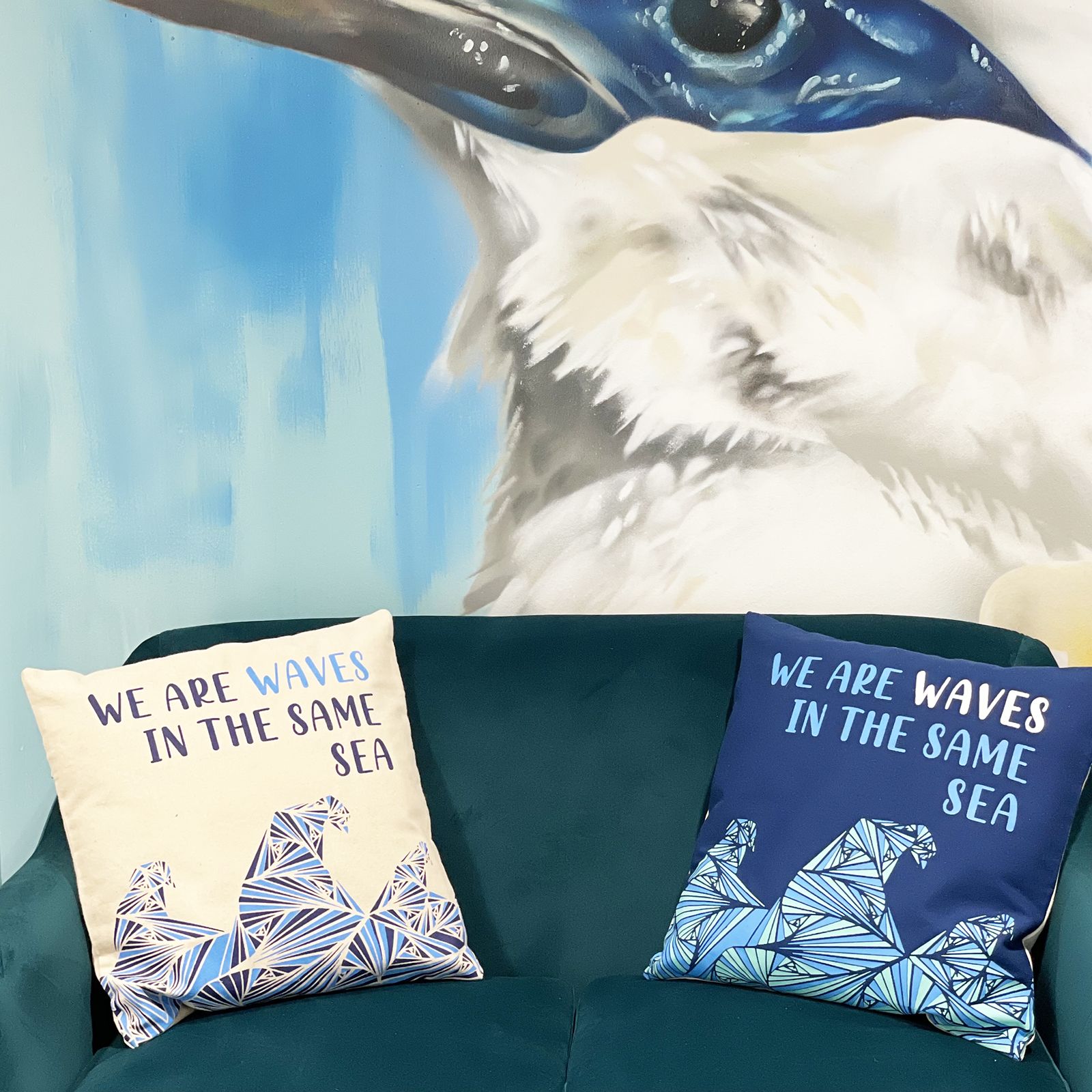 Funda de Cojín de Algodón Estampado - Somos Olas - Gris, Azul y Natural - Imagen 10