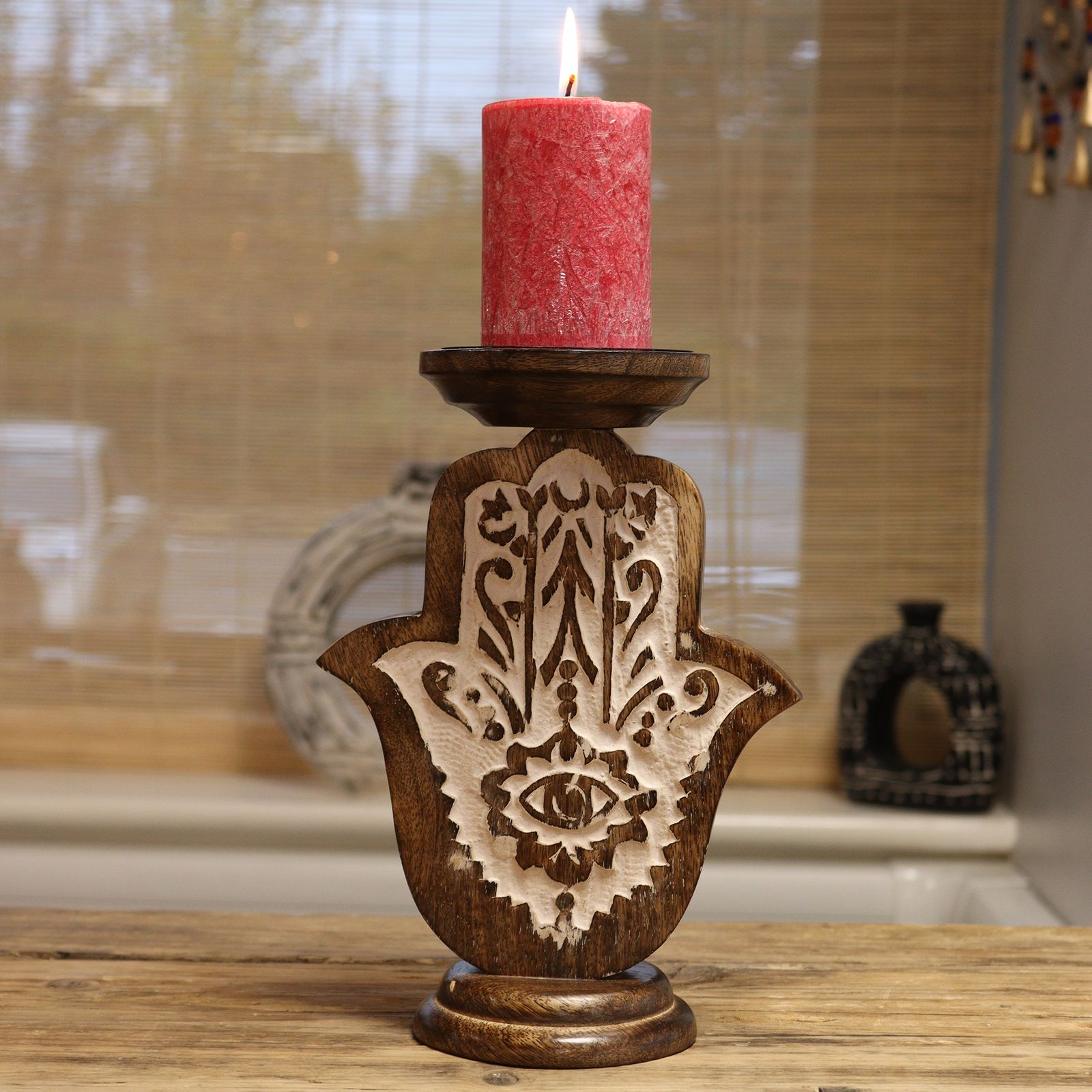 Candelabro de Madera de Mango - Hamsa - Pequeño 18x11cm - Imagen 2