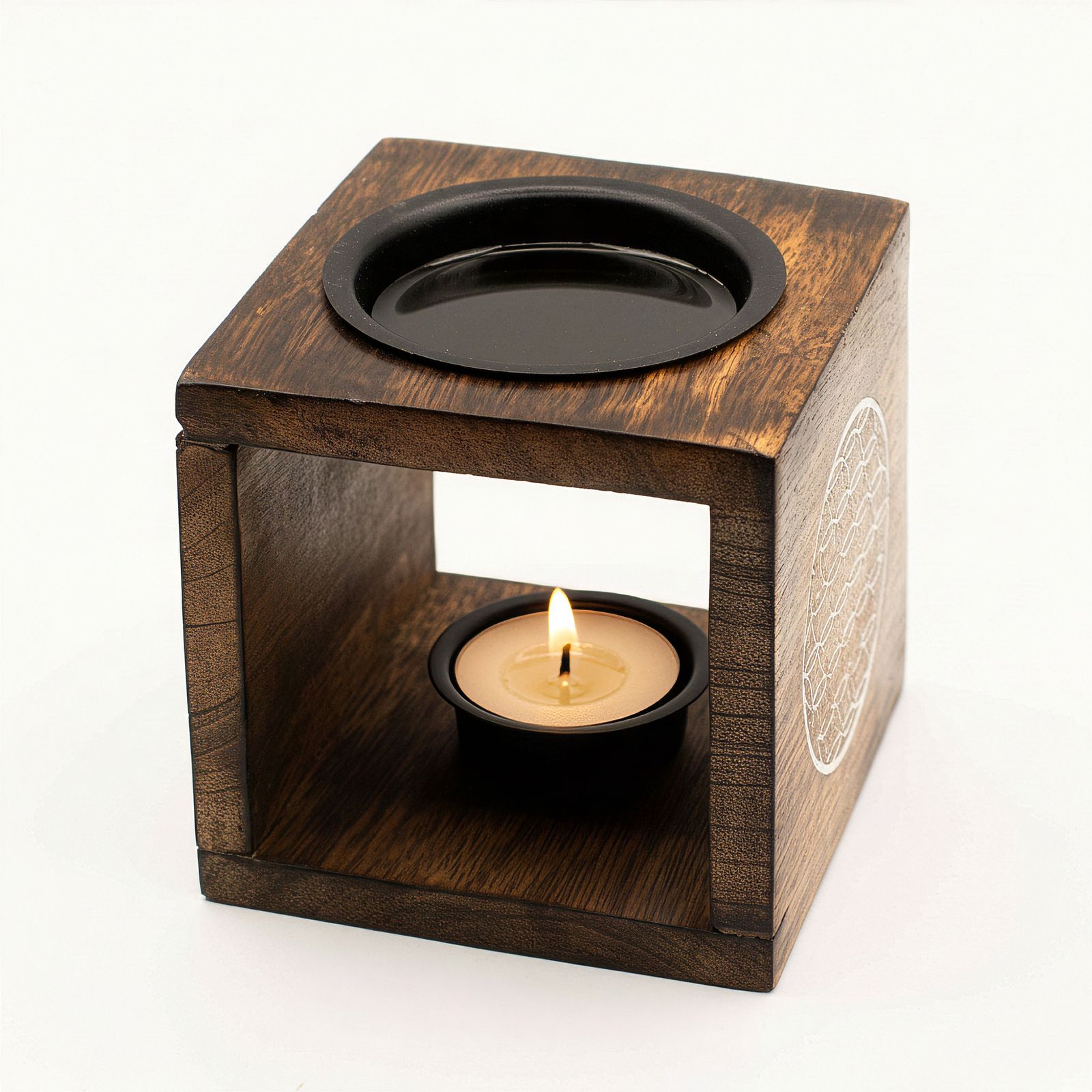 Quemador de aceite de madera de mango cuadrado - Flor de la Vida - Imagen 4
