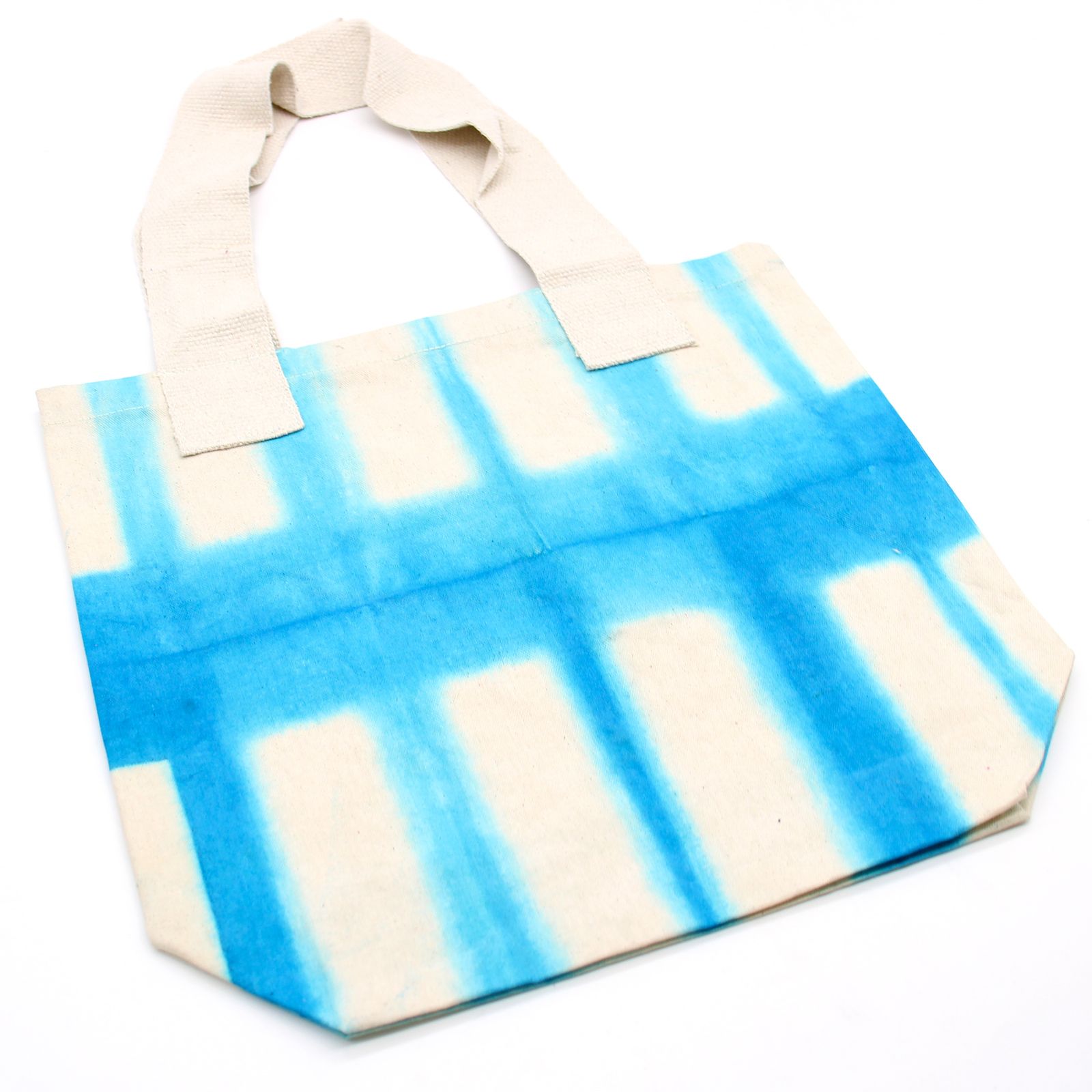 Bolsa de Algodon Natural con Diseño "Tie Dye" (220g)- 38x42x12cm - Rectángulos Celestes - Asa Natural - Imagen 2