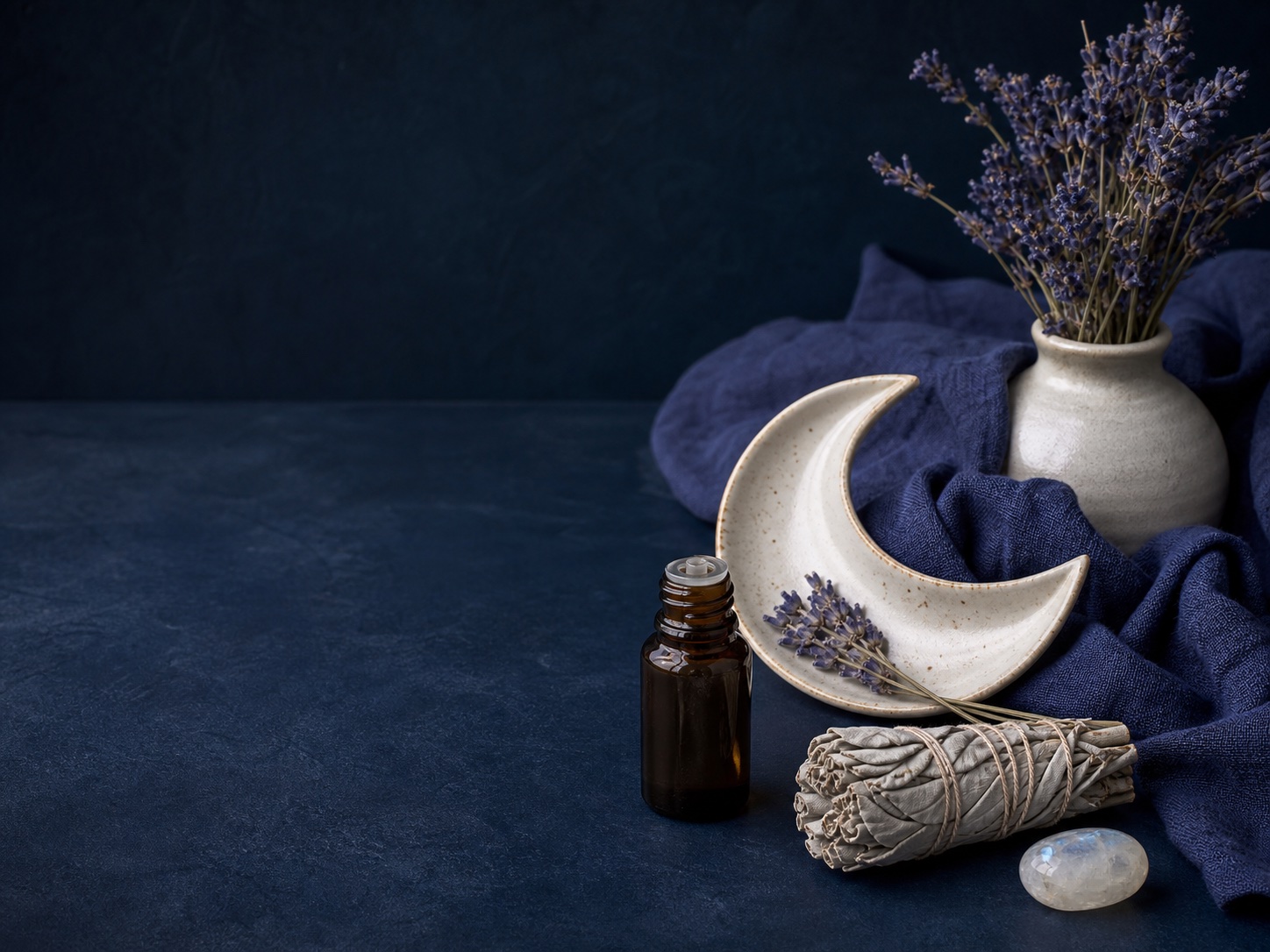 Lavanda, salvia, piedra lunar y un cuenco de cerámica en tonos azules